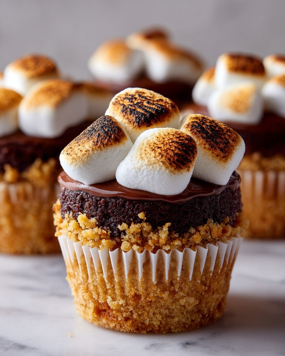 A close-up of a cupcake with three visible layers: the bottom layer is a crumbly golden brown crust, the middle layer is a thick, dark chocolate filling with a rough texture, and the top layer consists of small toasted marshmallows, golden and slightly browned on the edges, resting atop the chocolate. The cupcake liner is a classic ridged paper in a beige tone. The background is a white marbled surface. Photo taken with an iphone --ar 4:5 --v 7