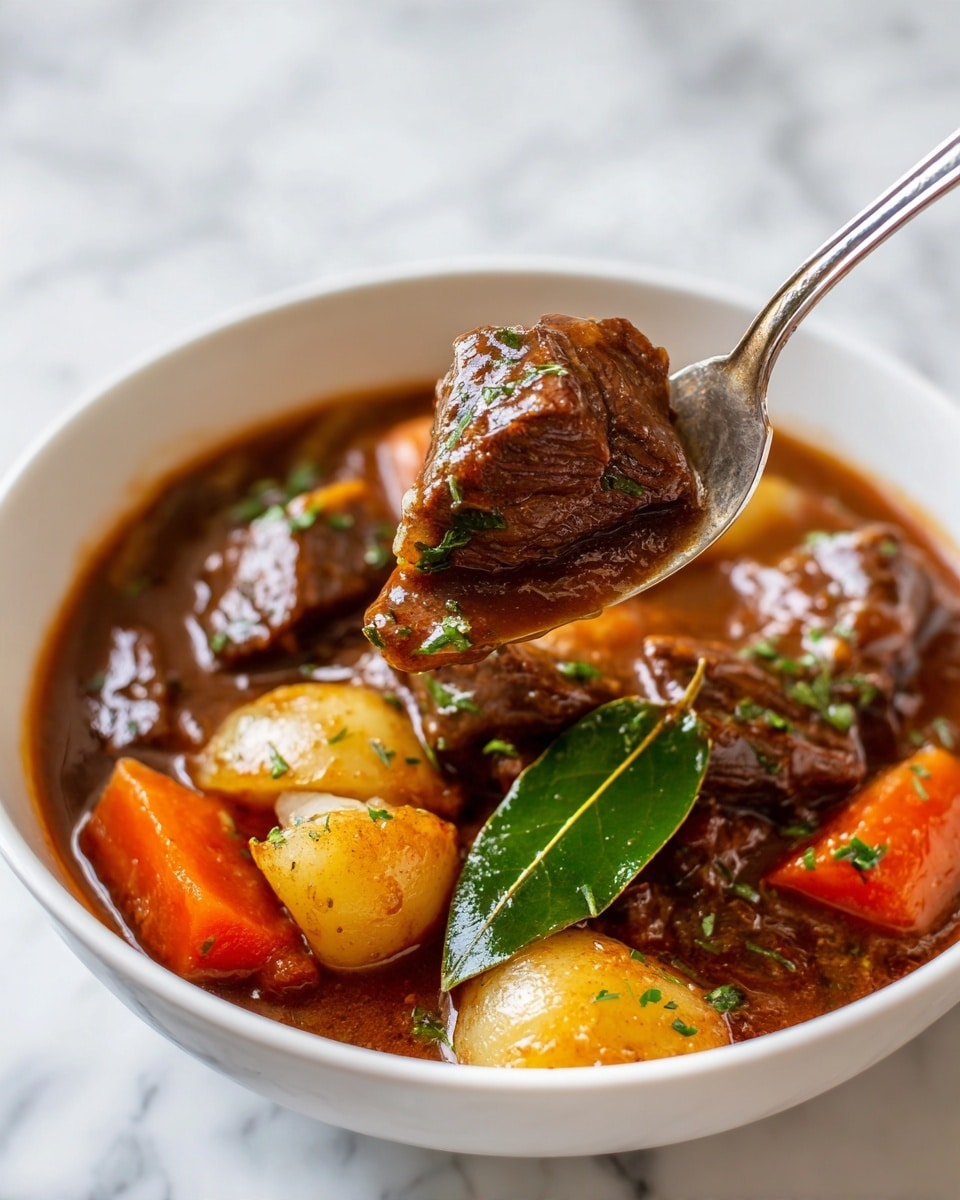 The image shows a close-up view of a hearty beef stew in a white bowl on a white marbled surface, with a silver fork lifting a shiny, tender brown beef cube in the center. The stew has several chunky layers: soft brown beef cubes, golden brown potato pieces with a slightly rough texture, bright orange carrot chunks with a smooth surface, and small smooth white pearl onions. The rich brown broth surrounds the ingredients, glistening with a thick texture. Fresh chopped green parsley is sprinkled over the top, adding a pop of color, and a large, glossy bay leaf rests to the side in the stew. Photo taken with an iphone --ar 4:5 --v 7