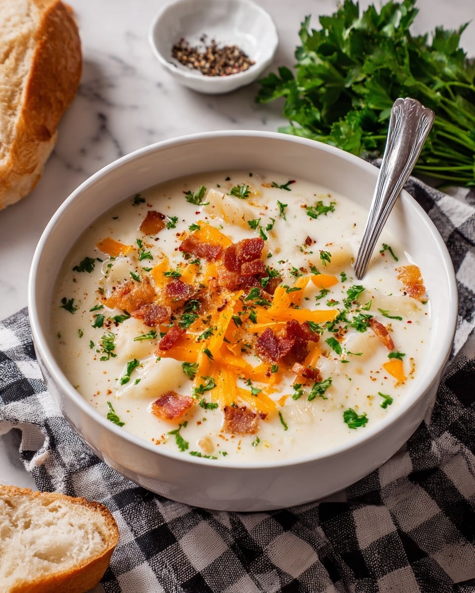 A creamy white soup fills a dark bowl, topped with small orange cheddar cheese shreds, green parsley bits, and crispy brown bacon pieces scattered on the surface. Chunks of white potato float in the soup, creating texture contrast. A silver spoon rests inside the bowl. The bowl sits on a black and white checkered cloth over a white marbled surface, with fresh green parsley and a blue dish of ground black pepper nearby. photo taken with an iphone --ar 4:5 --v 7