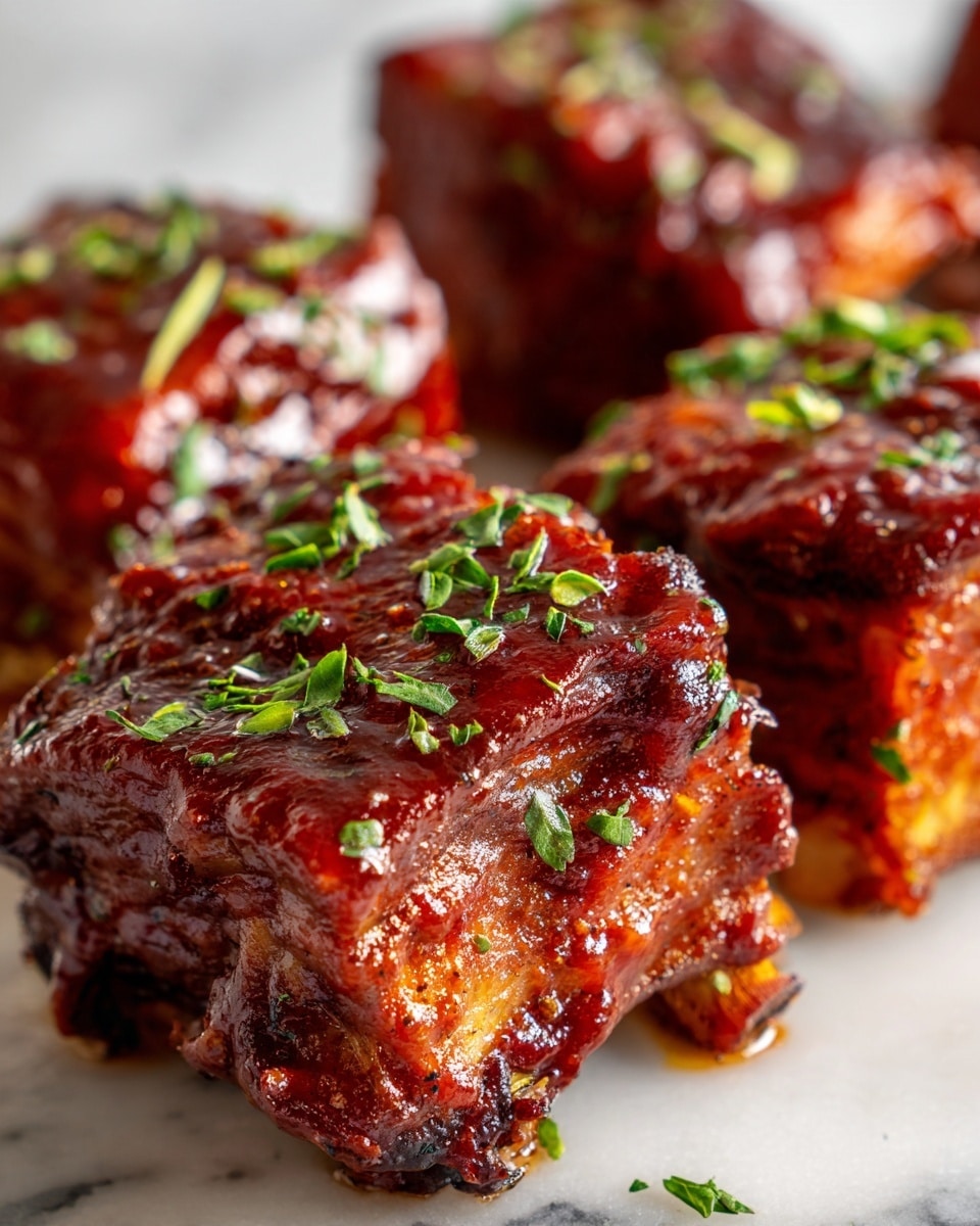 The image shows several pieces of cooked ribs covered in a thick, shiny red-brown sauce. The ribs have a slightly crispy texture visible under the sauce with small green herb sprinkles on top. The sauce pools around the ribs, giving a glossy, wet look. The close-up view highlights the rich color and juicy texture of the ribs and sauce, with the ribs layered close together in a white bowl. The background is a white marbled texture. Photo taken with an iphone --ar 4:5 --v 7