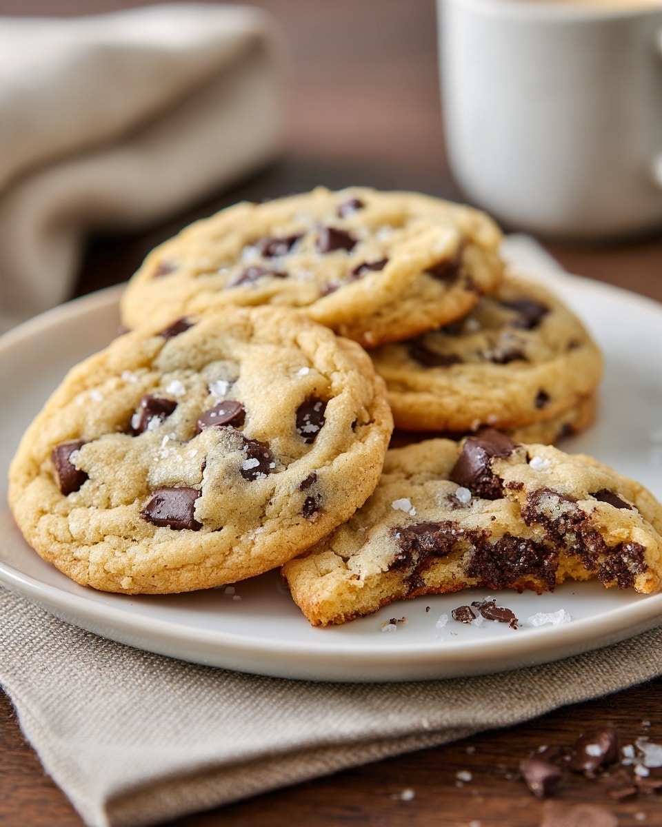 A white plate holds three thick chocolate chip cookies, two whole and one broken in half, showing a soft, crumbly light brown inside filled with small, dark chocolate chips. The cookie tops are golden with a slightly rough texture and sprinkled with a few white salt flakes. The cookies sit on a smooth wood surface with a beige cloth and a white marbled mug blurred in the background. Photo taken with an iphone --ar 4:5 --v 7