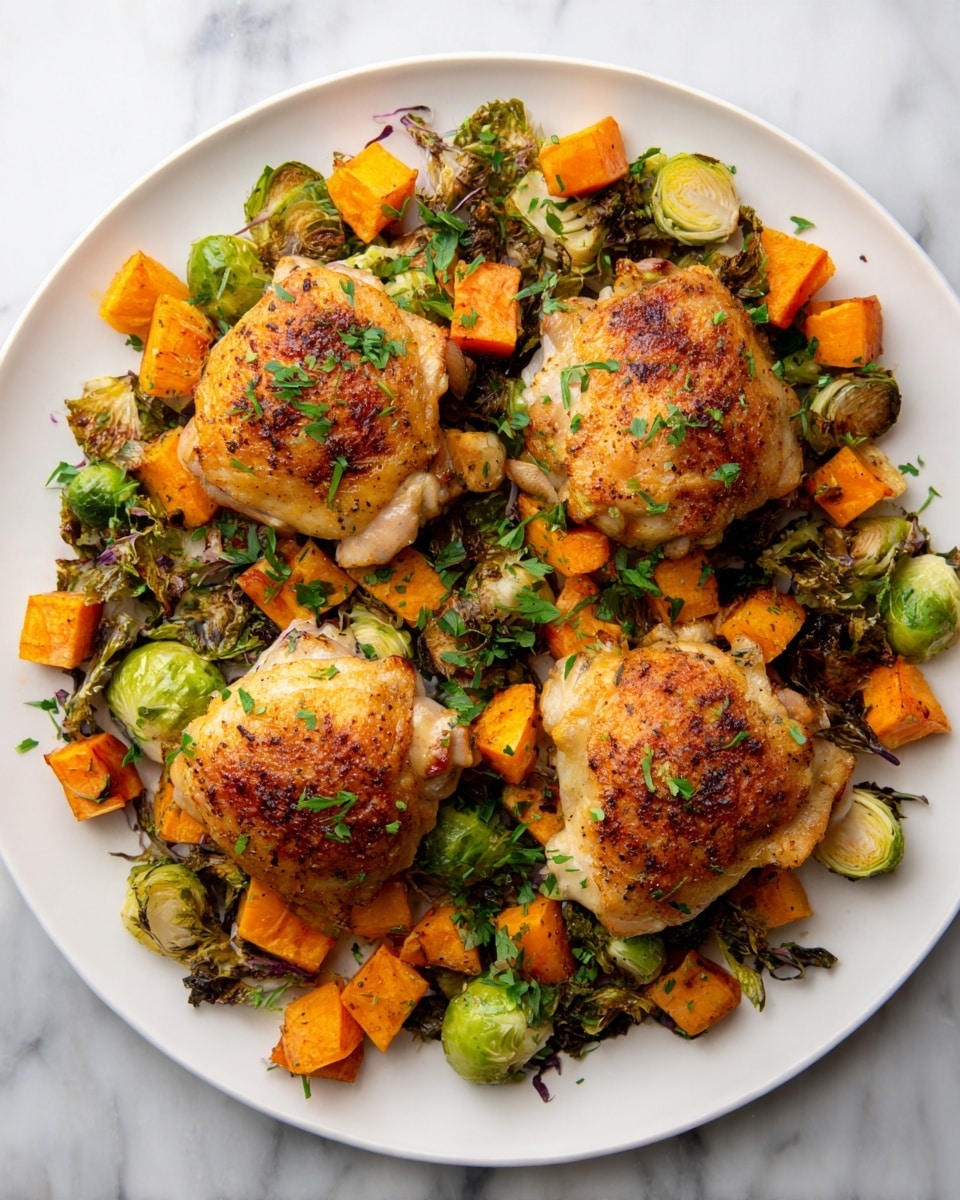 The image shows a close-up of a white plate filled with a colorful roasted meal. There are four thick, golden-brown chicken thighs placed on top, each with crispy skin and garnished with fresh green parsley. Below the chicken, there is a layer of roasted orange sweet potato cubes and green Brussels sprouts, all lightly browned and roasted. The vegetables surround the chicken thighs evenly, creating a vibrant mix of warm, earthy colors. The background is a white marbled texture. Photo taken with an iphone --ar 4:5 --v 7