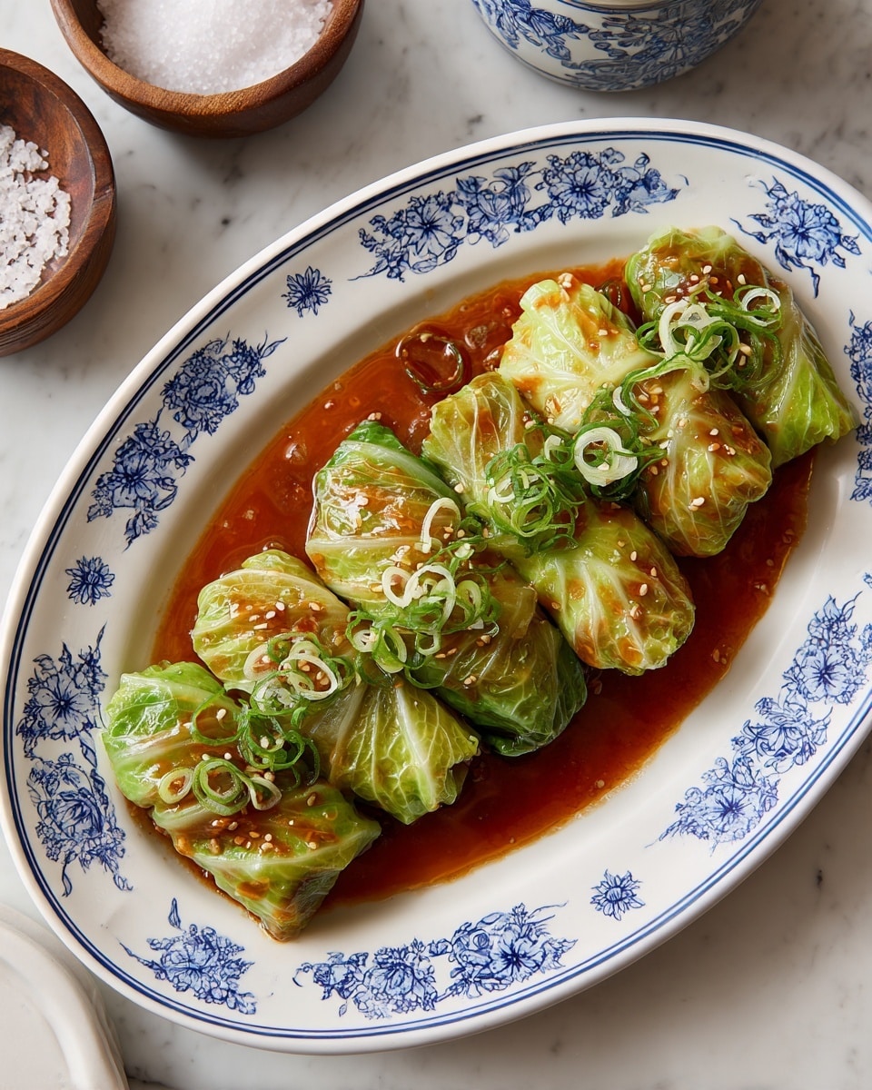A white oval plate with blue floral patterns holds eight cabbage rolls arranged in two neat rows. Each roll is wrapped with pale green cabbage leaves showing soft, crinkled textures, and they are covered in a thick, shiny, reddish-brown sauce with visible small bits, likely garlic or nuts. The sauce pools slightly around the rolls on the plate. Thin slices of light green scallions are scattered on top, adding a fresh contrast. The plate is placed on a white marbled surface with a small wooden bowl of coarse salt and a white blue-patterned ceramic container nearby. photo taken with an iphone --ar 4:5 --v 7