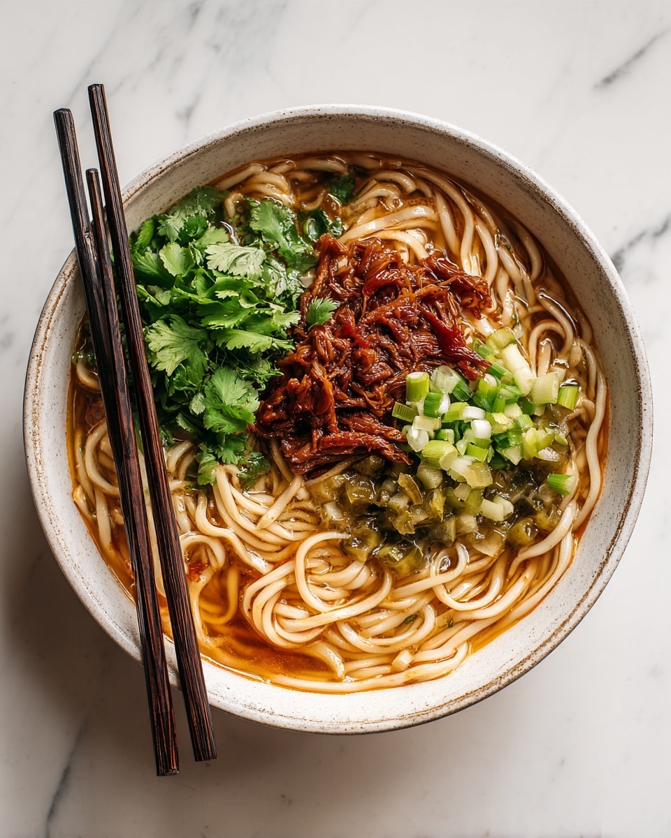 A bowl of thick noodles coated with a shiny brown sauce forms the base layer, with the noodles twisted and slightly glossy. On top of the noodles, there are small pieces of cooked meat with a caramelized look, scattered finely chopped green pickles, and a small bunch of fresh green cilantro leaves on one side. Thinly sliced green onions are sprinkled near the cilantro. Wooden chopsticks rest on the left side of the bowl. The bowl is white and textured, set on a white marbled surface. Photo taken with an iphone --ar 4:5 --v 7
