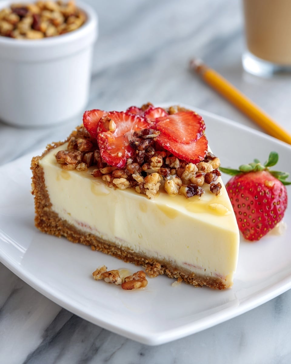 A single slice of pie sits on a white square plate with slightly raised edges, placed on a white marbled surface. The pie has three visible layers: a pale golden crust at the bottom and edges, a thick creamy white filling in the middle, and a topping of glossy red fruit pieces mixed with crunchy brown granola. The glossy red fruit pieces, some whole and some broken, add a juicy texture on top, while the granola adds a rough texture scattered among the fruit. In the background, blurred out, there is an overturned container of granola and a pair of yellow chopsticks resting on a white round plate. photo taken with an iphone --ar 4:5 --v 7