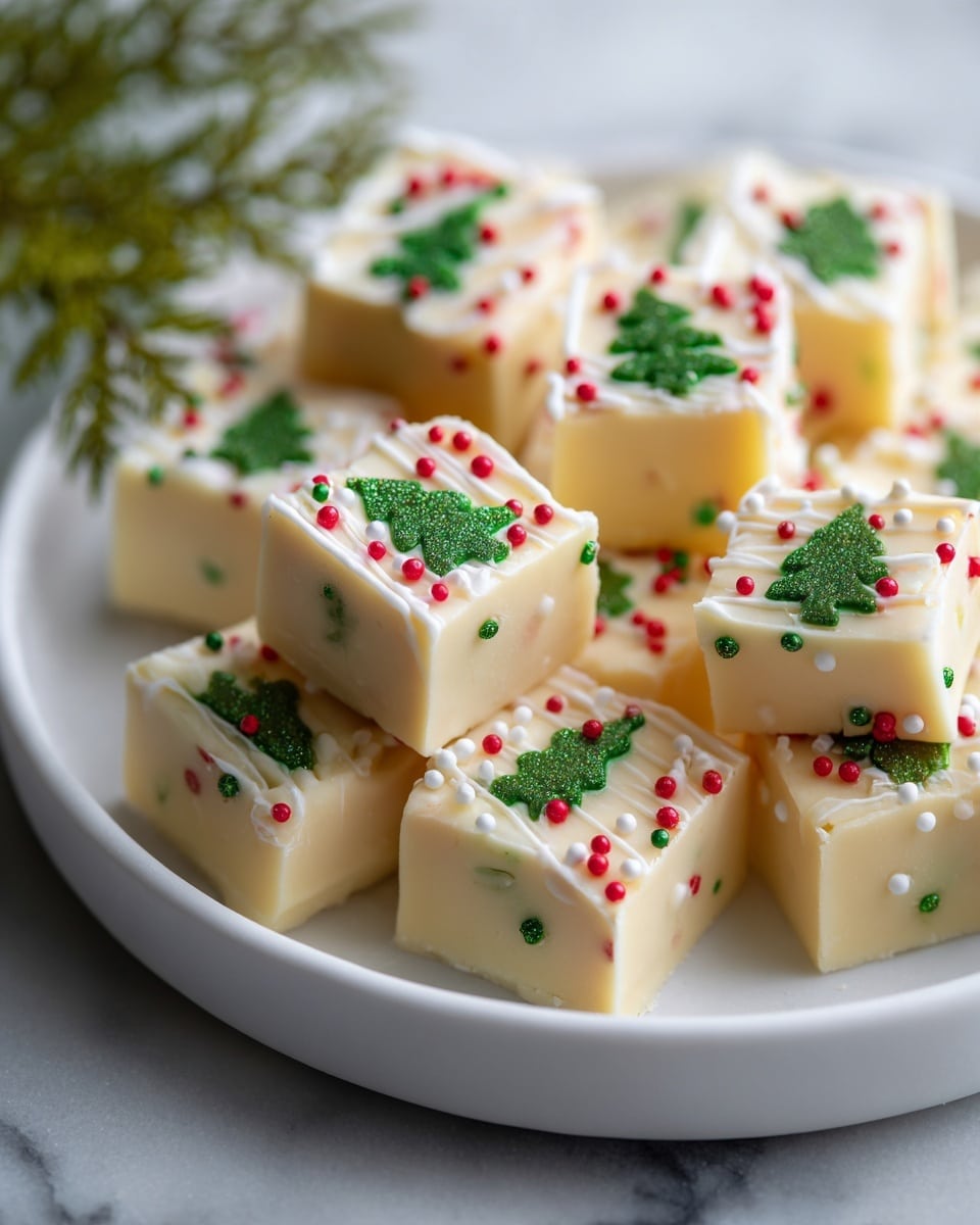 The image shows small, square pieces of light yellow fudge arranged on a white plate, sitting on a white marbled surface. Each fudge piece has one or two layers, with the top layer decorated differently: some have green icing shaped like a Christmas tree with red and white sprinkles, and others have white icing drizzled across with the same colored sprinkles. The texture of the fudge looks smooth and creamy, and the colors contrast gently against the pale yellow base. The scene feels festive and bright. Photo taken with an iphone --ar 4:5 --v 7