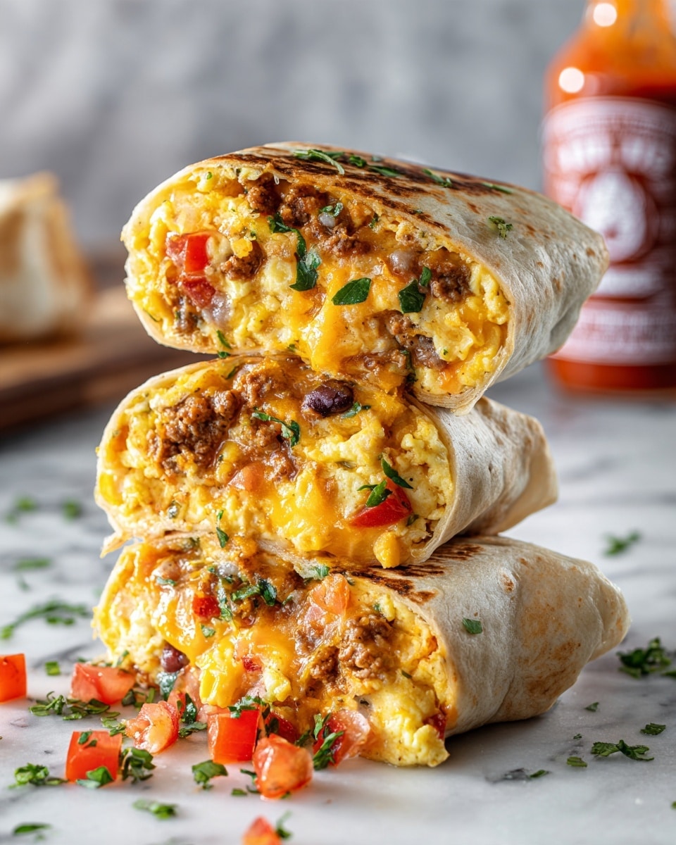 The image shows a stack of three breakfast burritos cut in half, wrapped in lightly toasted tortillas with small brown spots. Each burrito has multiple visible layers: on the inside, there is a yellow scrambled egg layer, a brown sausage layer with green herbs mixed in, bright red chopped tomatoes, melted orange cheddar cheese, and crispy light brown hash browns. Some bits of tomato, green herbs, and beans are scattered around the burritos on a white marbled surface covered with parchment paper. In the blurred background, there is a bottle of orange hot sauce. Photo taken with an iphone --ar 4:5 --v 7