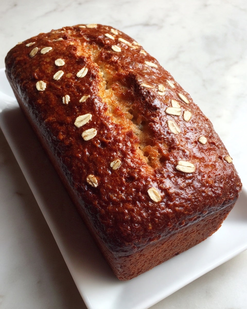 A single loaf of bread with a golden-brown crust is shown on a white rectangular plate placed on a white marbled surface. The crust is sprinkled with light tan oat flakes scattered evenly on top. There is a single split along the center of the loaf exposing a lighter, soft-looking interior with a textured, airy crumb. The bread has a slightly oval shape with a smooth, shiny surface except for the oats and the cracked area. Photo taken with an iphone --ar 4:5 --v 7