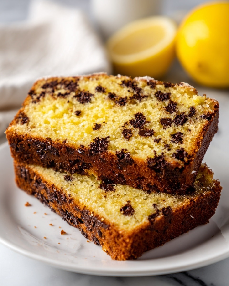 Two slices of moist, golden-yellow cake with small dark chocolate chips evenly spread throughout each slice, showing a soft crumb texture. The cake has a dark brown crust around the edges, slightly crisp and thicker at the base. The slices are placed slightly overlapping on a simple white plate, set on a white marbled surface. In the background, there is a soft blur of a lemon half and a white cup. photo taken with an iphone --ar 4:5 --v 7