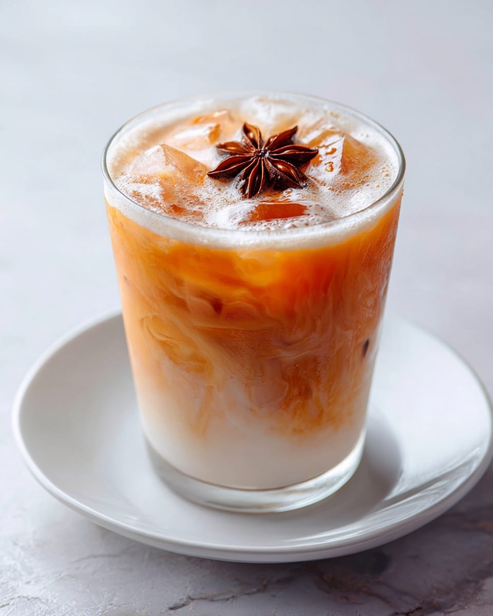 A clear glass filled with a creamy light orange iced drink showing some darker orange swirls near the bottom with visible ice cubes inside, topped with a layer of white frothy foam that has a brown star anise placed on top, all set on a simple white saucer against a white marbled texture background. photo taken with an iphone --ar 4:5 --v 7