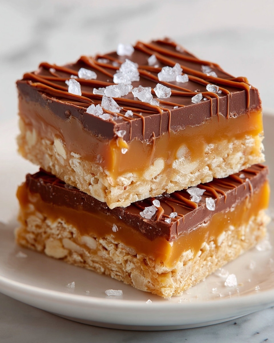 The image shows a close-up of two stacked dessert bars on a white plate, placed on a white marbled surface. Each bar has four layers: the bottom layer is a crispy, light golden cereal mix with small crisped rice pieces and nuts; above it is a thick, smooth caramel layer with a rich amber color; then a dark chocolate layer that looks glossy and firm; and finally, a drizzle of milk chocolate in thin lines on top, sprinkled with large, rough white sea salt crystals. The bars have clean, sharp edges and the top bar sits slightly tilted on the bottom one. Photo taken with an iphone --ar 4:5 --v 7