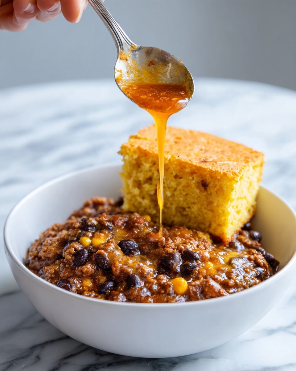 A close-up of a dish showing two layers on a white marbled surface: the bottom layer is a thick, orange sauce mixed with browned ground meat, black beans, and melted cheese with a smooth texture that looks rich and creamy, while the top layer on the left side features a golden-yellow, crumbly cornbread with visible corn kernels embedded inside. A woman's hand is lifting a spoonful of the saucy meat mixture, with some sauce dripping down from the spoon, highlighting the gooey and hearty texture. Photo taken with an iphone --ar 4:5 --v 7