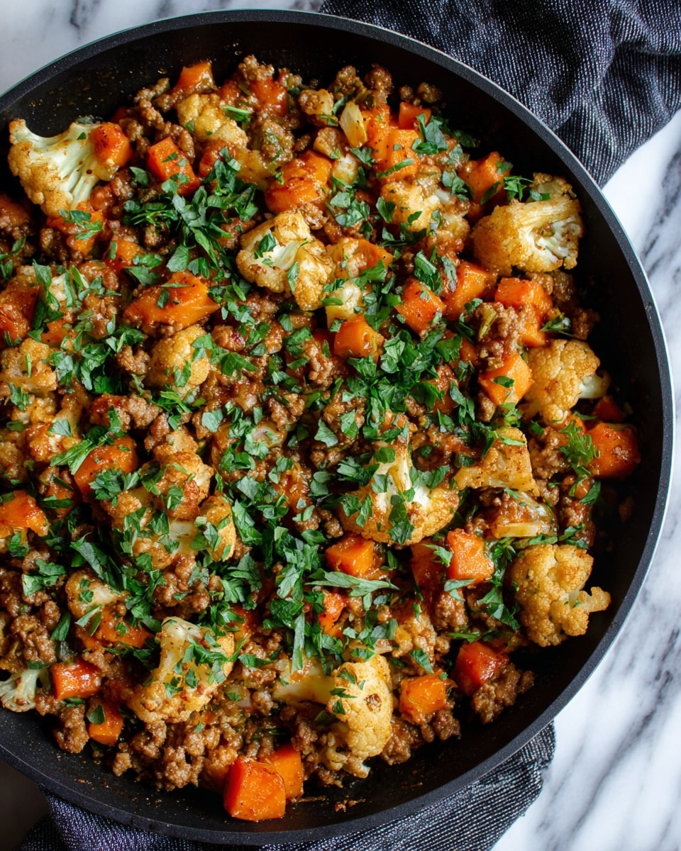 A close-up of a black skillet filled with a cooked mix of ground meat, small white cauliflower florets, and diced orange carrots, all mixed evenly together. The dish is topped with fresh chopped green herbs scattered across the surface. The ground meat looks browned and crumbly, the cauliflower is soft with a slight golden tint, and the carrots are tender, adding bright orange spots throughout. The skillet sits on a dark blue cloth, with a white marbled texture in the background. photo taken with an iphone --ar 4:5 --v 7