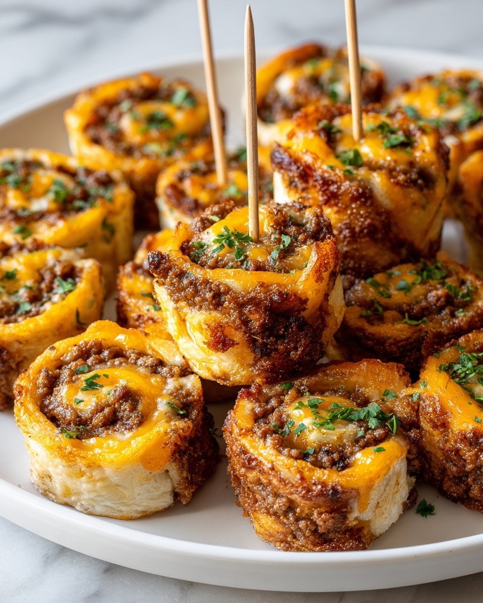 A white plate holds multiple bite-sized spiral rolls arranged closely together; each roll has three visible layers: a light golden-brown outer layer of cooked flatbread with slight charring, a middle layer filled with finely cooked ground meat in dark brown color, and a top layer of melted orange-yellow cheese sprinkled with small pieces of bright green chopped herbs, likely scallions. Some rolls are skewered with light wooden sticks, adding vertical depth. The whole setting rests on a white marbled texture surface, creating a clean and bright background. Photo taken with an iphone --ar 4:5 --v 7