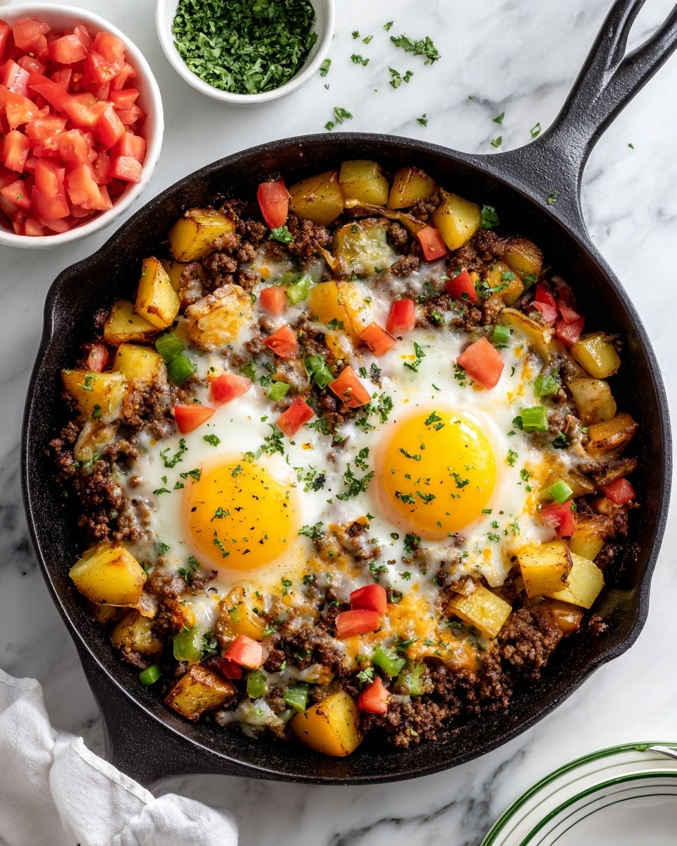 A black cast iron skillet filled with a cooked dish featuring two sunny-side-up eggs in the center, surrounded by browned ground meat, diced red tomatoes, green zucchini pieces, and small golden potato cubes, all topped with melted cheese and sprinkled with chopped green herbs. The skillet sits on a white marbled surface, with a small white bowl of diced tomatoes on the left and a white plate with silver cutlery on the right. Photo taken with an iphone --ar 4:5 --v 7