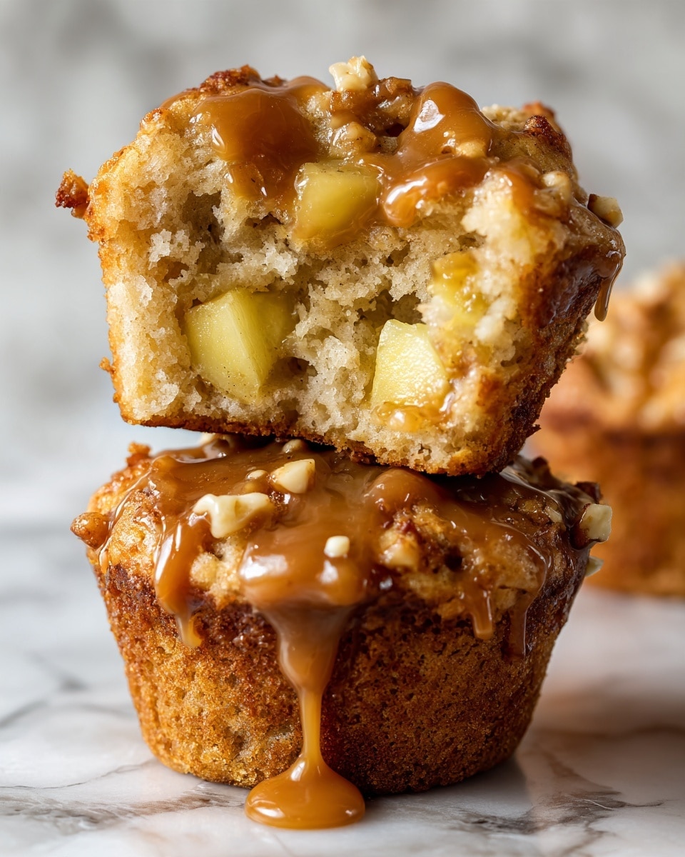 The image shows a close-up of a white muffin sliced open to reveal soft layers inside. The muffin has a light golden-brown color and a soft, crumbly texture. Inside, chunks of apple pieces are scattered, surrounded by moist cake layers. The top is covered with thick, glossy caramel sauce dripping down over the sides, shining under the light. The muffin is placed on a white marbled surface. The overall look is warm and inviting, highlighting the gooey caramel and tender apples in the muffin. Photo taken with an iphone --ar 4:5 --v 7