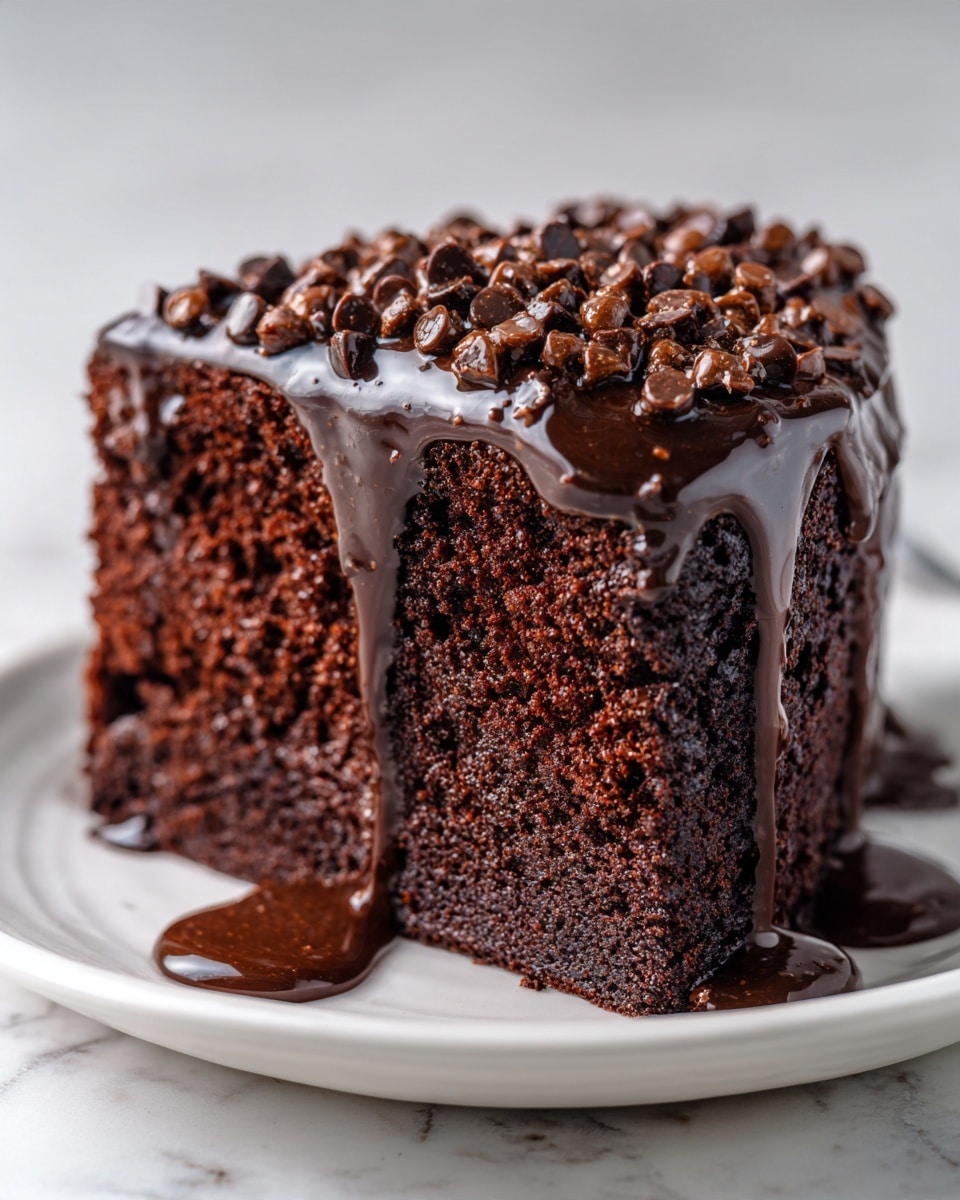 A close-up of a thick slice of rich chocolate cake showing a dense, moist texture with tiny air holes and embedded chunks inside; on top, there is a glossy dark chocolate glaze dripping down the side, topped with scattered milk and dark chocolate chips with smooth, shiny surfaces. The cake slice rests on a white plate, set against a soft white marbled background. photo taken with an iphone --ar 4:5 --v 7