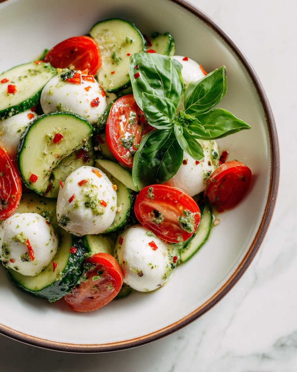 A white plate with a slightly brown rim holds a fresh salad made of three main layers: glossy red cherry tomato halves, round white mozzarella balls, and thick green cucumber slices with dark green edges, all mixed evenly. The salad is topped with a few bright green basil leaves in the center, and garnished with tiny red pepper flakes and green herbs scattered on the white mozzarella and cucumber. The plate sits on a white marbled surface, and a woman's hand can be seen in the background holding the plate slightly. photo taken with an iphone --ar 4:5 --v 7