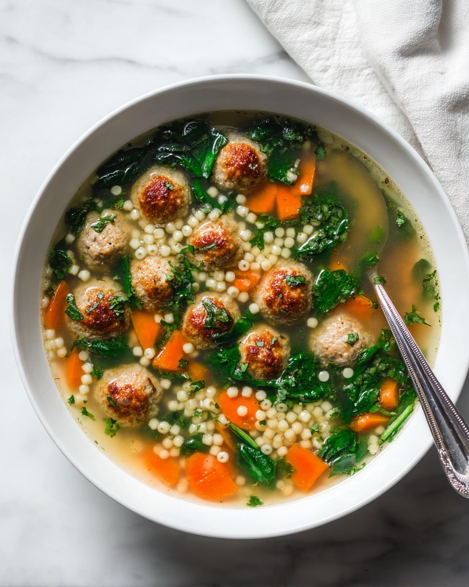 A white bowl filled with clear broth soup contains many small round meatballs floating closely together on the surface. Beneath the meatballs, light yellow couscous grains and small orange carrot cubes float in the broth, mixed with bright green spinach leaves that add a fresh contrast. A silver spoon is placed inside the bowl on the right edge, resting partially in the soup. The bowl sits on a white marbled surface with a soft, light beige fabric folded casually nearby. Photo taken with an iphone --ar 4:5 --v 7