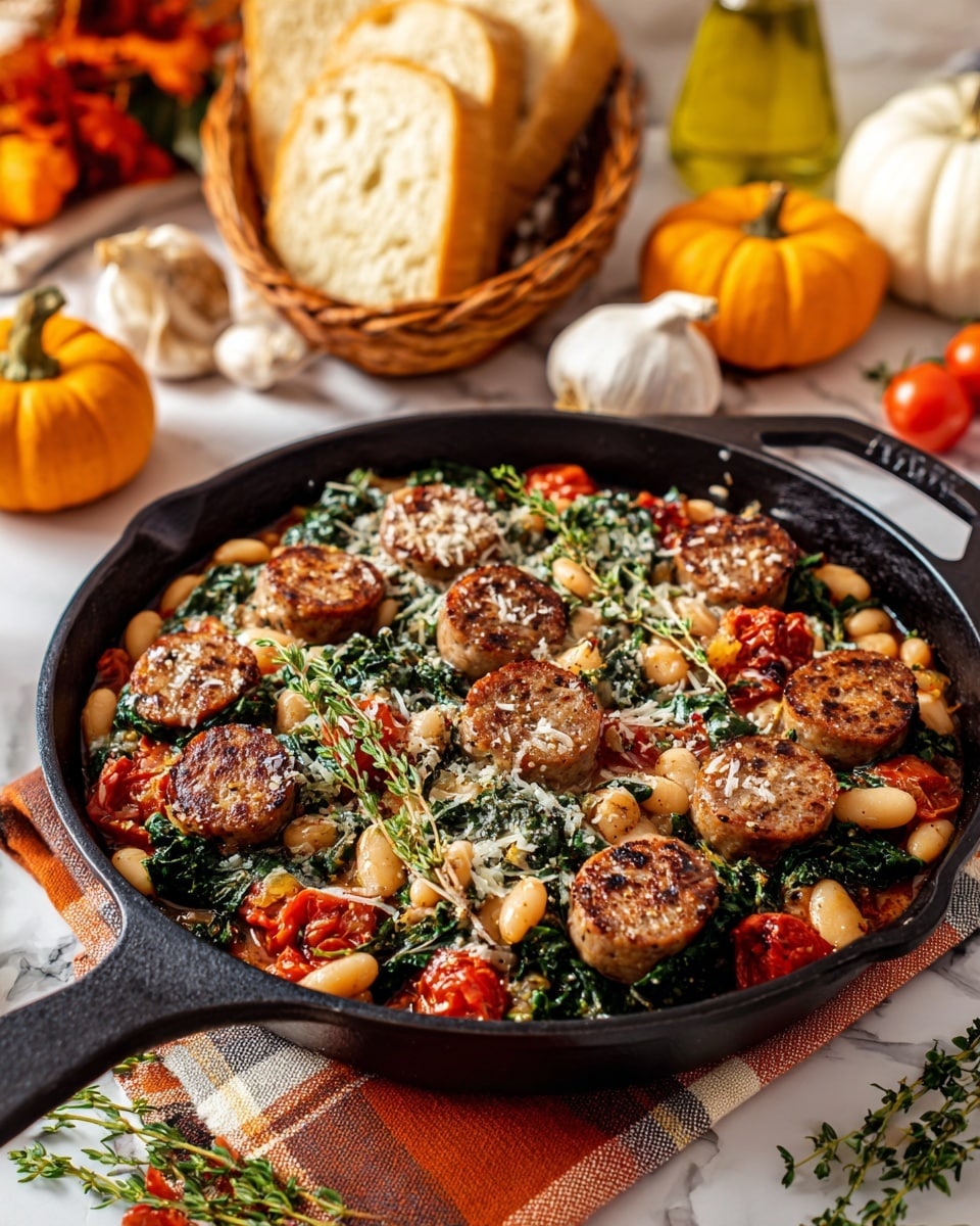 A black skillet filled with a layered dish featuring white beans, browned sausage slices, and wilted spinach leaves, all mixed with chunks of red tomatoes. The sausage slices are round and charred with a crispy browned surface, evenly spread on top. The white beans are plump and soft, scattered beneath and around the sausage. The spinach adds a dark green texture, while small bits of red tomato pieces are interspersed among the other ingredients. The dish is garnished with a few fresh thyme sprigs and a light sprinkle of grated cheese and black pepper. The skillet sits on a folded checkered cloth on a white marbled surface with autumn decor and bread basket blurred in the background. Photo taken with an iphone --ar 4:5 --v 7