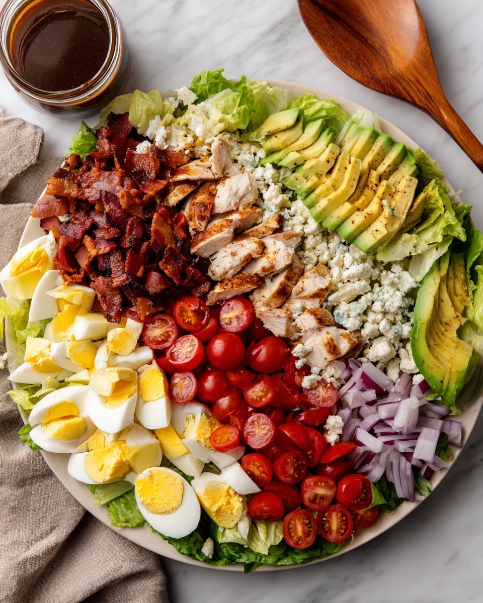 A large oval white plate is filled with layers of colorful salad ingredients arranged side by side on a bed of green romaine lettuce leaves. Starting from one side, there is a layer of crispy dark brown bacon pieces, followed by sliced hard-boiled eggs with bright yellow yolks and white edges. Next to the eggs is diced avocado showing light green shades, then another avocado layer sliced thinner and fanned out neatly. In the center, there is a line of white crumbly cheese sprinkled with green herbs. On one side of the cheese, golden brown cooked chicken breast slices are laid down flanked by small cherry tomato halves with bright red and shiny skins. Thin slices of purple onion ring the edges next to the chicken and avocado layers. In the background on the white marbled surface, there is a small jar of dark brown salad dressing and a wooden spoon. photo taken with an iphone --ar 4:5 --v 7