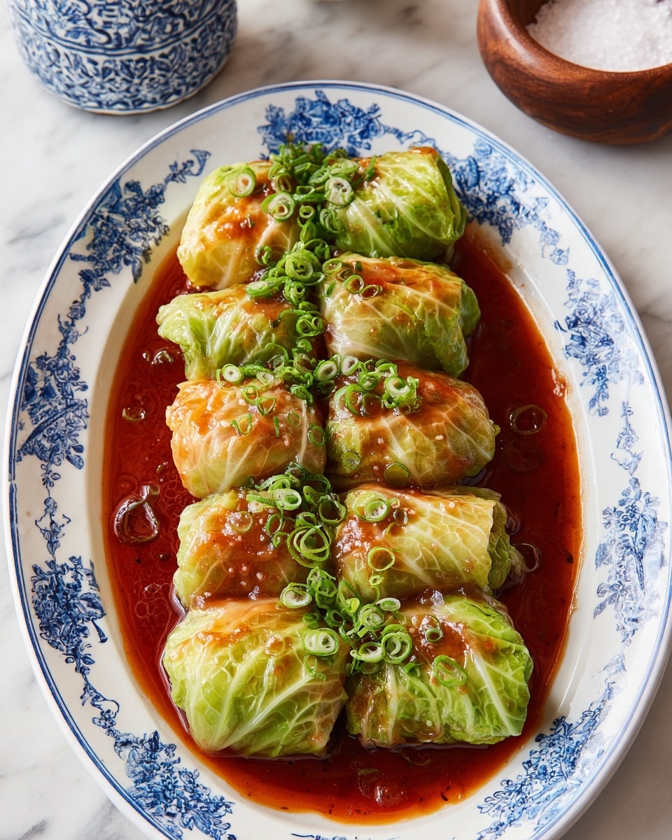 A white oval plate with blue decorative patterns holds eight cabbage rolls arranged in two neat rows. Each roll is wrapped in pale green cabbage leaves with visible textured veins, tightly encasing the filling inside. A rich, glossy brown sauce generously coats the rolls, pooling slightly around them, with small pieces of garlic or nuts visible in the sauce. Thin slices of green onions are scattered over the top, adding a fresh green touch. The dish sits on a white marbled surface and is accompanied by a small wooden bowl of coarse salt and a white ceramic container with blue details in the background. Photo taken with an iphone --ar 4:5 --v 7