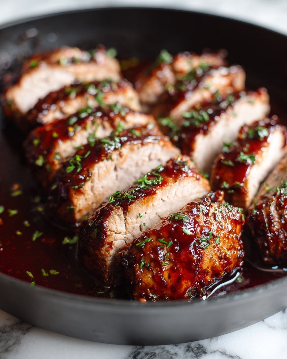 A dark pan holds seven thick slices of cooked meat arranged closely in a line from front to back. Each slice is covered with a shiny, dark reddish-brown sauce that looks thick and sticky, with small bits of green herbs sprinkled on top. The meat has a tender, juicy texture with a browned outer layer and a light brown inside. Sauce pools around the meat at the base, enhancing the glistening effect. The pan sits on a white marbled surface. photo taken with an iphone --ar 4:5 --v 7