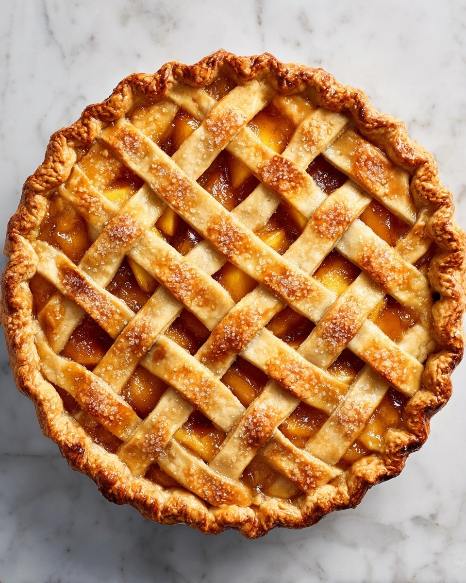 A round pie with a golden-brown lattice crust sits centered on a white marbled surface. The crust strips are thick with a slightly crisp texture, woven over each other to form a grid pattern, showing a rich, dark filling underneath. The pie crust edges are crimped neatly around the pie pan, giving a wavy border. The filling appears chunky, hinting at cooked fruits inside. photo taken with an iphone --ar 4:5 --v 7