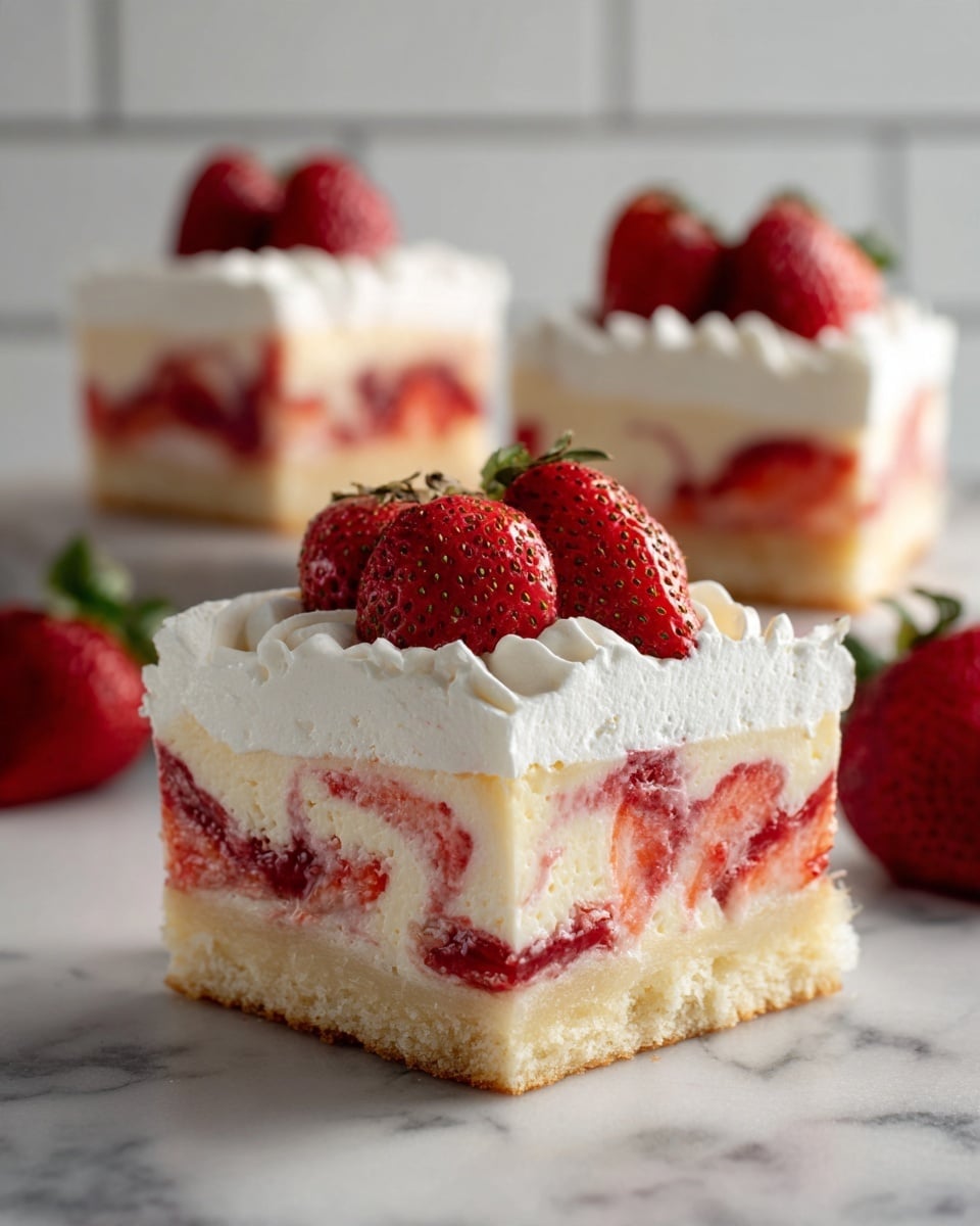 A square piece of dessert with three visible layers sitting on a white marbled surface, the bottom layer is thin and pale beige with a slightly crumbly texture; the middle layer is a bright red strawberry filling mixed with creamy white, creating swirls; the top layer is thick and fluffy white whipped cream, crowned with several glossy, red strawberry pieces. Two more similar dessert squares are blurred in the background, all under soft natural light against a white tiled wall. photo taken with an iphone --ar 4:5 --v 7