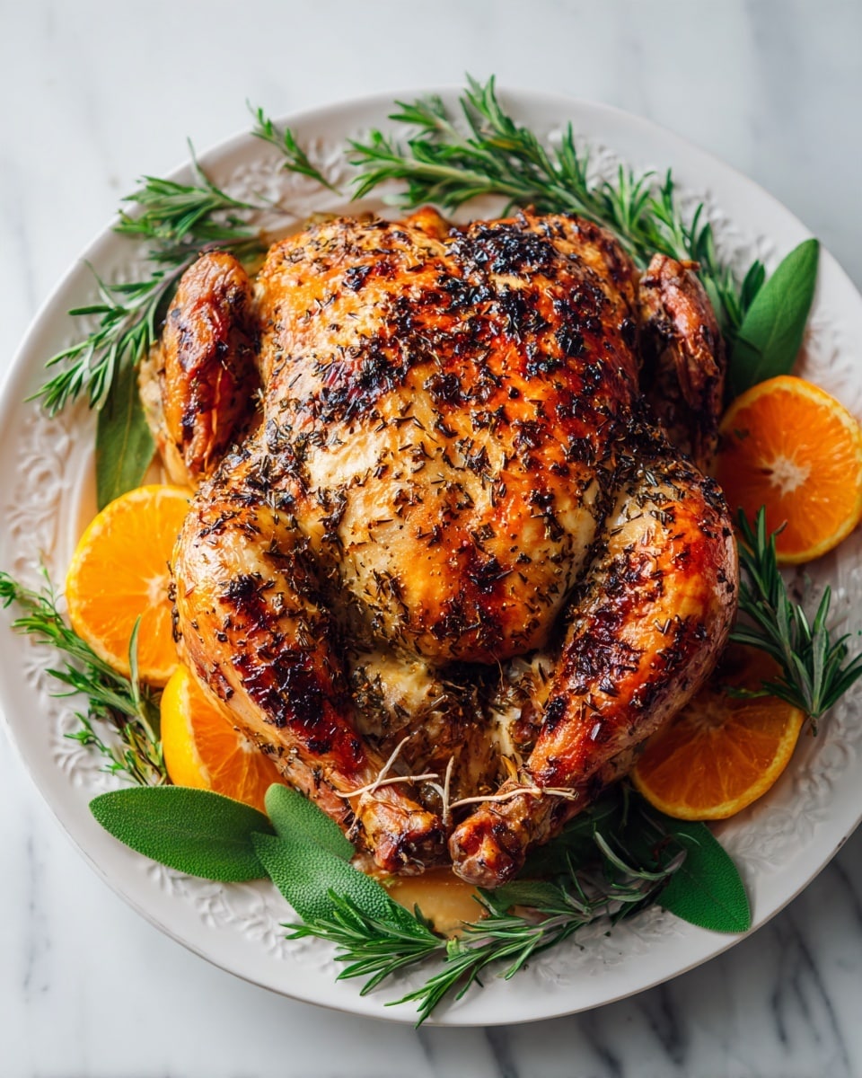 A whole golden-brown roasted chicken with a crispy skin covered in black herbs rests in the center of a white plate. The chicken has two tied legs and a slightly shiny texture, showing the roasting details. Around its base, there are four bright orange halved slices with juicy pulp, interspersed with green rosemary sprigs and bay leaves, adding fresh color and texture around the chicken. The white plate has a subtle patterned edge, sitting on a white marbled surface. Photo taken with an iphone --ar 4:5 --v 7