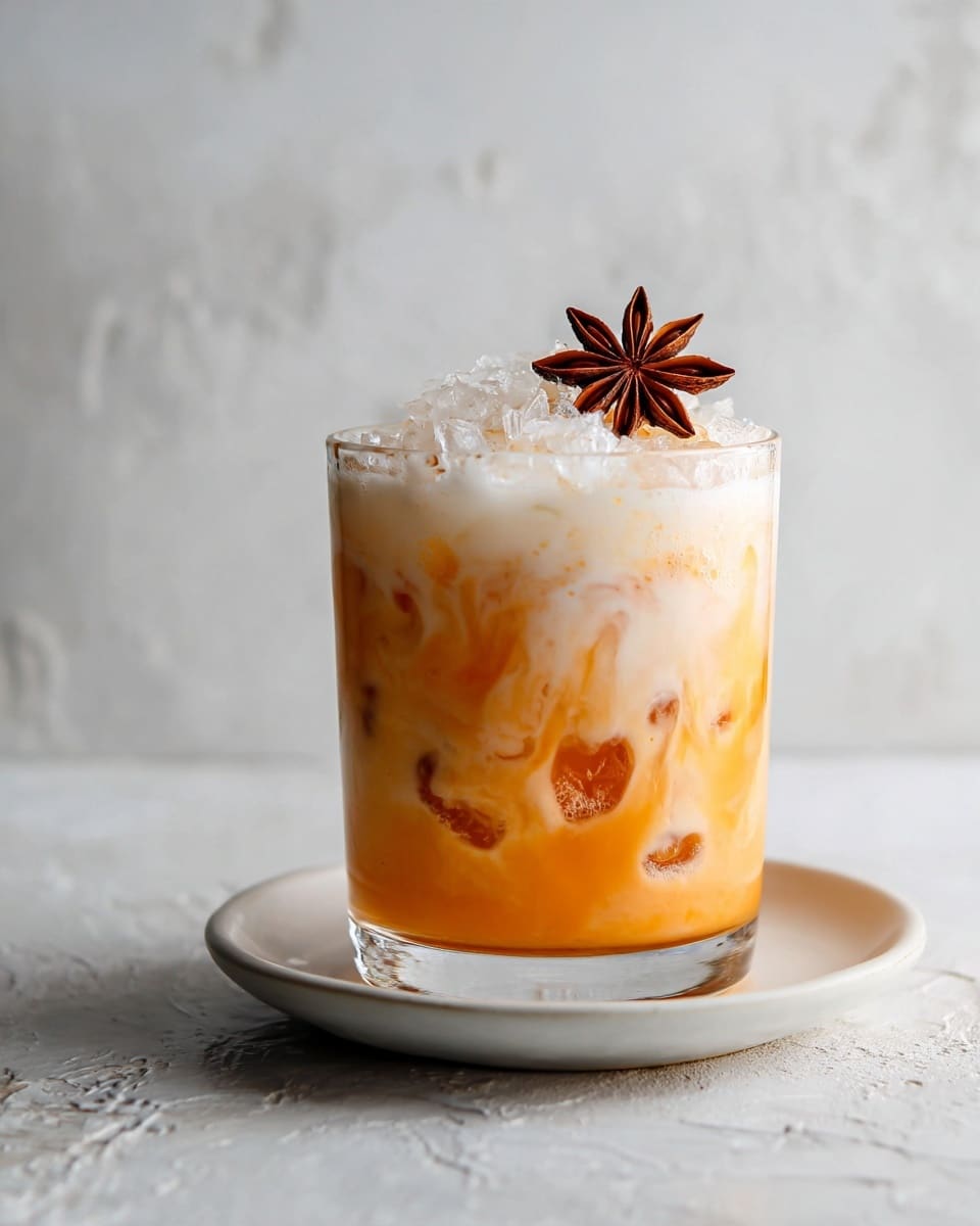 A clear glass filled with a creamy, light beige iced drink with visible small ice cubes floating throughout. On top, there is a thick layer of white frothy foam covering the surface, garnished with a whole brown star anise placed near the center. The glass is set on a simple white saucer, all placed on a white marbled surface. photo taken with an iphone --ar 4:5 --v 7
