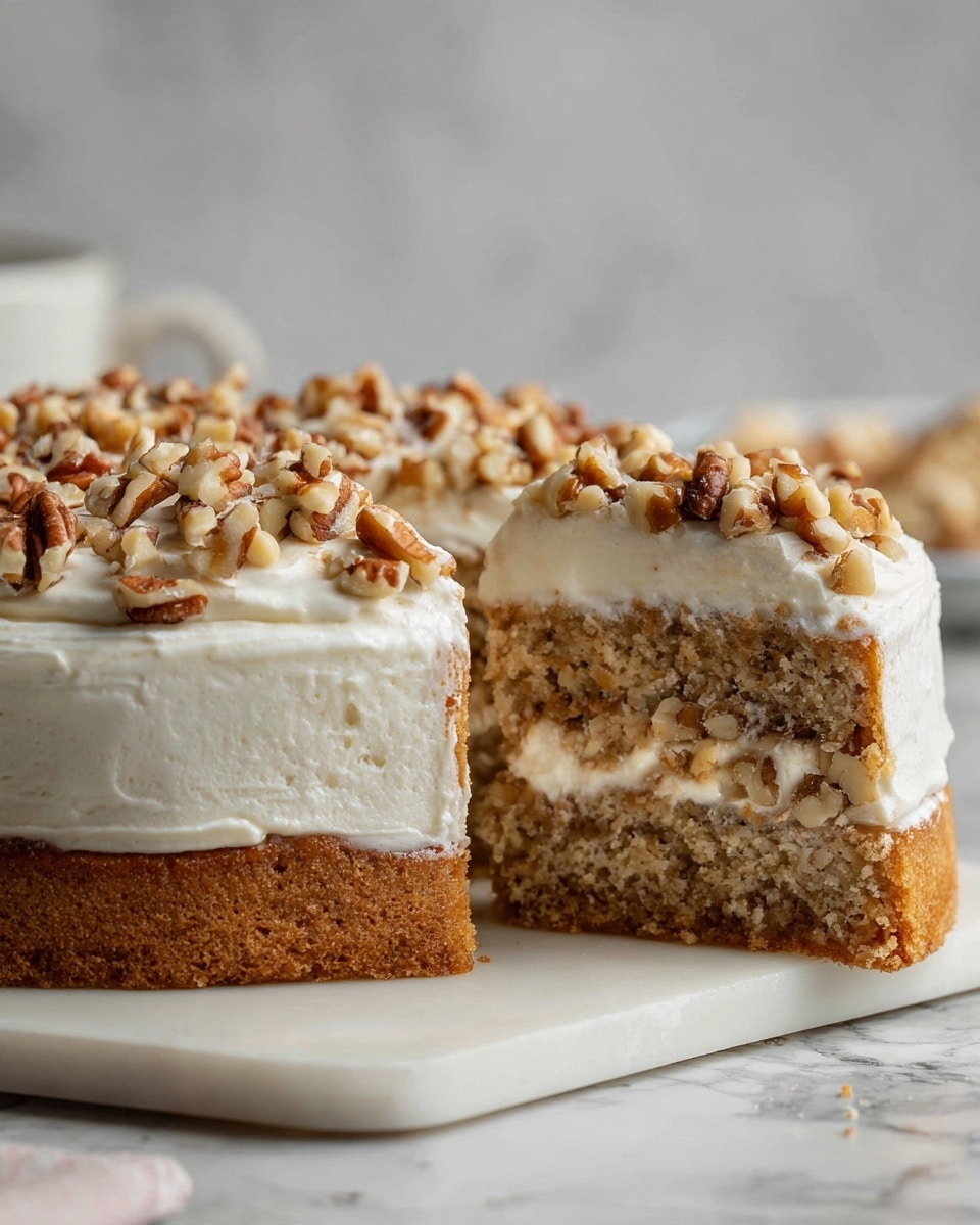 A white square cake sits on a white marbled surface, with three clear layers visible: a light, fluffy white cake base with soft texture; a thin middle layer of crushed nuts and cinnamon-colored crumbs; and a thick creamy white frosting layer on top, smooth but with small peaks. The top is covered with a generous amount of chopped pecans and nuts, adding a rough texture and rich brown color contrast. Photo taken with an iphone --ar 4:5 --v 7