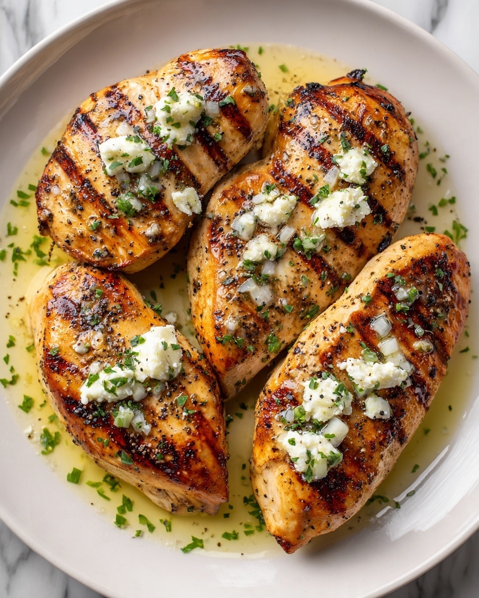 The image shows a close-up of four grilled chicken breasts placed side by side on a white plate. Each chicken breast is browned with grill marks and sprinkled with black pepper. On top, there are small dollops of creamy white cheese and chopped green herbs. The dish is drizzled with a greenish-yellow sauce, creating a glossy look on the chicken. The background is a white marbled texture. Photo taken with an iphone --ar 4:5 --v 7