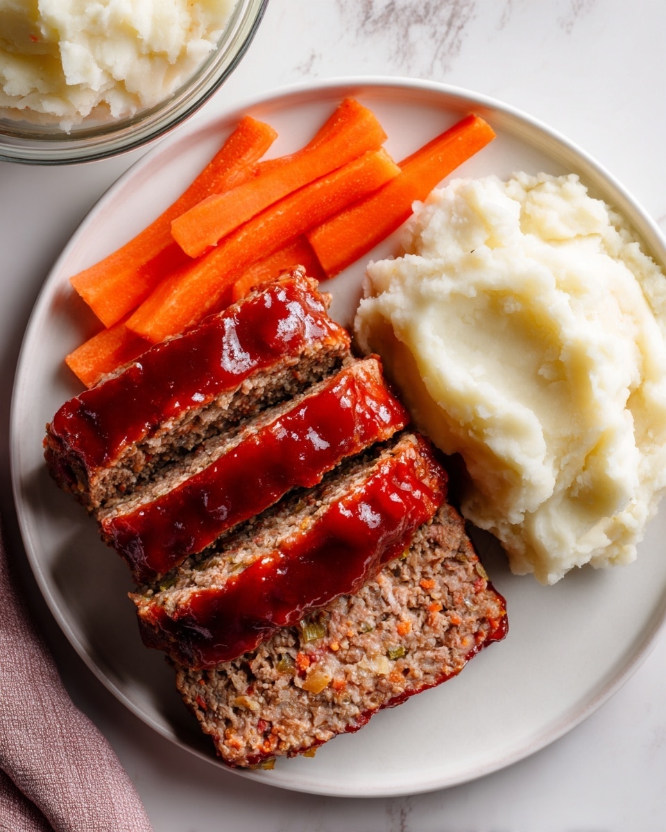 The image shows a white plate with three thick slices of meatloaf stacked closely, each slice topped with a shiny red glaze. The meatloaf is textured with small pieces of vegetables like green peppers and onions visible inside. To the side of the meatloaf, there is a neat pile of bright orange baby carrots and a portion of creamy white mashed potatoes. The plate sits on a white marbled surface that adds a fresh, clean look to the setting. photo taken with an iphone --ar 4:5 --v 7