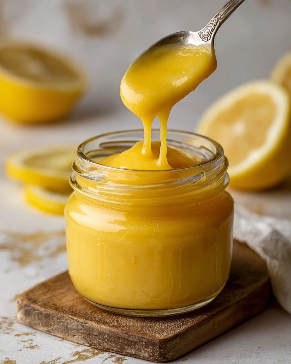 A close-up image shows a glass jar filled with thick, smooth, yellow lemon curd. A spoon held by a woman's hand is lifting some of the curd, which drips slowly back into the jar, showing its creamy texture. Part of a sliced lemon with bright yellow skin and pale yellow inside is blurred in the background. The jar sits on a wooden surface that is out of focus, with a white marbled background behind. photo taken with an iphone --ar 4:5 --v 7