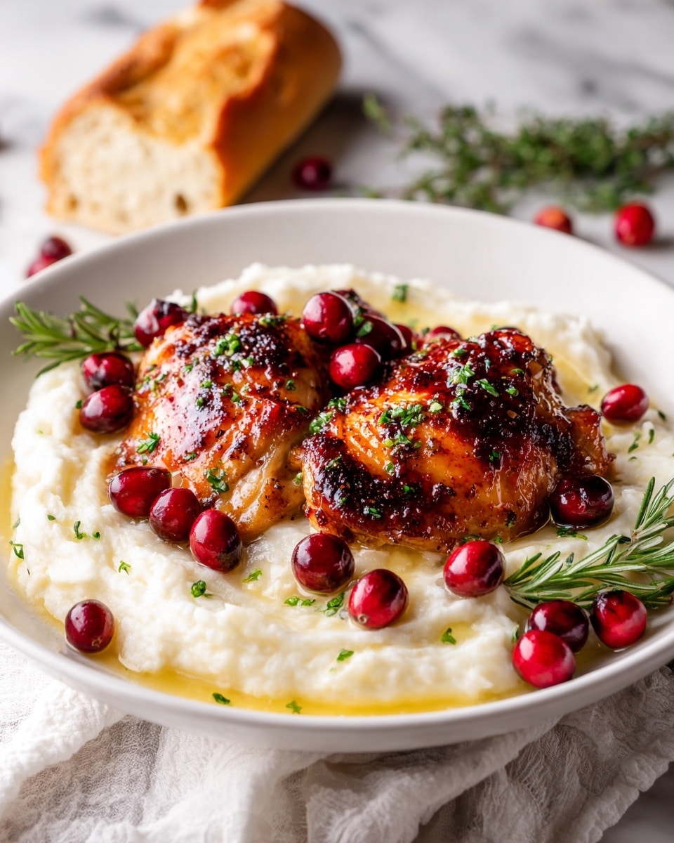 A white plate holds a creamy, pale yellow layer of mashed potatoes as the base. On top, there are two pieces of glazed, browned chicken thighs with a shiny, slightly sticky texture, speckled with green herbs. Bright red whole cranberries are scattered over the chicken and mashed potatoes, adding vibrant color. The plate is set on a striped cloth with a white marbled texture background, and a piece of light brown bread is blurred in the back. photo taken with an iphone --ar 4:5 --v 7