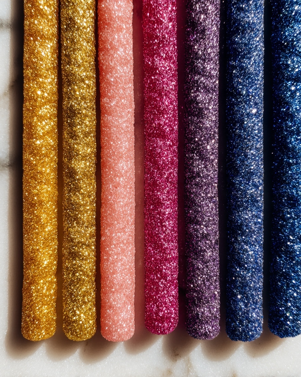 This image shows a neat stack of slim, rectangular sticks with a shiny, slightly glittery surface. Each stick has a translucent look, showing colors including orange, yellow, pink, red, purple, and blue arranged side by side in horizontal rows. The sticks have a smooth texture and a glossy finish, making the colors pop against a white marbled texture background. photo taken with an iphone --ar 4:5 --v 7