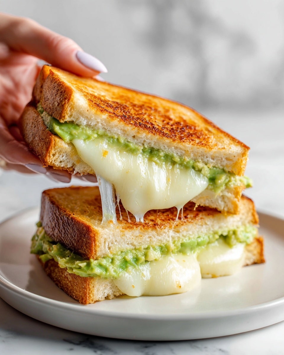 The image shows a close-up of a creamy avocado grilled cheese sandwich. The sandwich is cut in half, revealing three layers: a soft, light green avocado spread on the bottom slice of toasted bread; a thick, melted layer of white cheese with a smooth, gooey texture in the middle; and the top slice of bread, golden brown and crispy with a slight shine. The sandwich sits on a white plate over a white marbled surface. A woman's hand is holding one half of the sandwich, lifting it slightly to show the melted cheese stretching between the two halves. Photo taken with an iphone --ar 4:5 --v 7