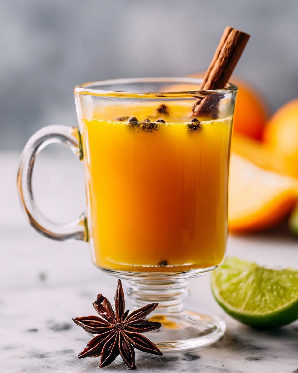 A clear glass mug filled with a bright orange drink, showing one visible slice of orange inside near the top layer of the liquid, with a brown cinnamon stick placed diagonally inside the mug. The glass has a textured pattern near the bottom. The mug is set on a white marbled surface with an anise star placed in front, with blurred background shapes of oranges and red fruits behind it. Photo taken with an iphone --ar 4:5 --v 7