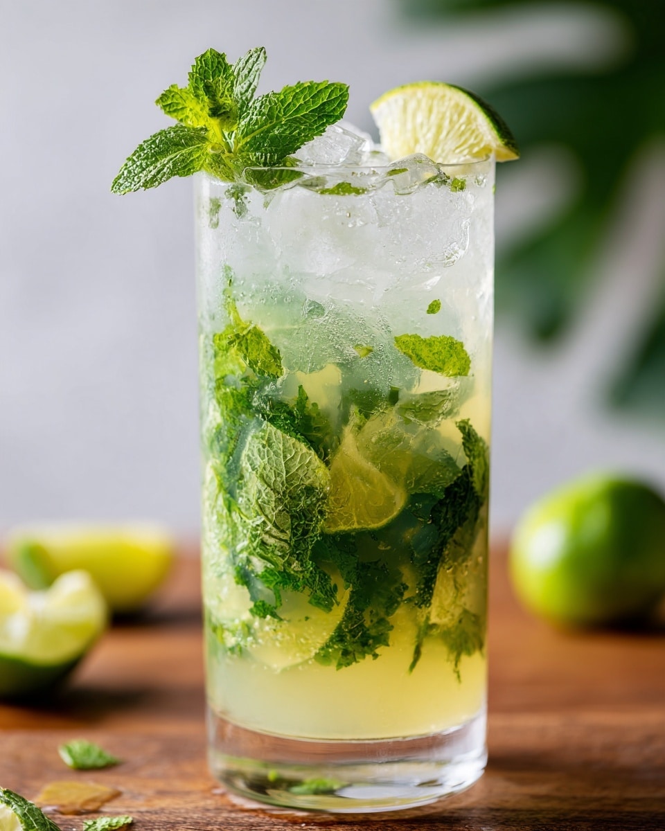 A tall clear glass is filled with a light green drink, showing large fresh green mint leaves suspended inside with tiny bubbles on them. There are ice cubes floating on top along with more mint leaves as garnish. A lime wedge with a shiny green peel is placed on the rim of the glass. Around the glass, cut lime pieces with juicy, textured green flesh are scattered on a white marbled surface. The overall look is fresh and cool, with sunlight softly illuminating the glass. photo taken with an iphone --ar 4:5 --v 7
