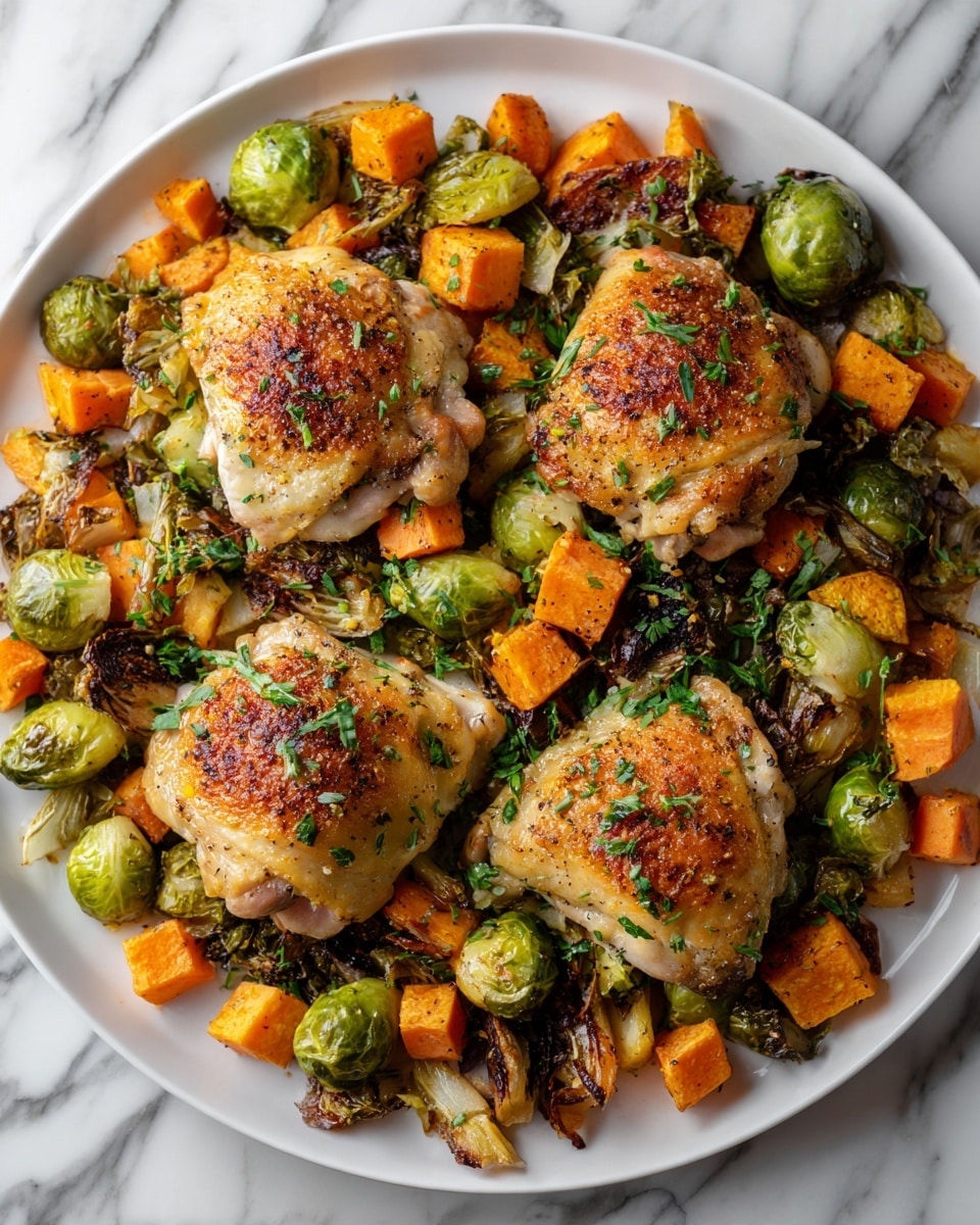 A white plate filled with four golden-brown roasted chicken thighs placed evenly on top of a bed of roasted vegetables. The vegetables are cut into small cubes and include bright orange sweet potatoes and green Brussels sprouts, all nicely caramelized. The chicken thighs have a slightly crispy texture with some green herbs sprinkled on top for garnish. The dish sits on a white marbled surface. Photo taken with an iphone --ar 4:5 --v 7