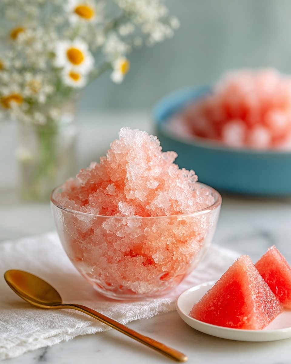 A clear glass bowl sits on a white cloth napkin on top of a white marbled surface, filled with a mound of textured, coarse pink and light orange crushed ice that creates a rough, icy appearance with sparkling crystals catching the light. In front of the bowl lies a shiny gold spoon, partially resting on the napkin. In the foreground to the right, a portion of a white plate with a gold edge holds several triangular slices of pink melon. The background is softly blurred, featuring a light turquoise rectangular dish filled with more crushed ice and a small glass vase with white daisy flowers. photo taken with an iphone --ar 4:5 --v 7