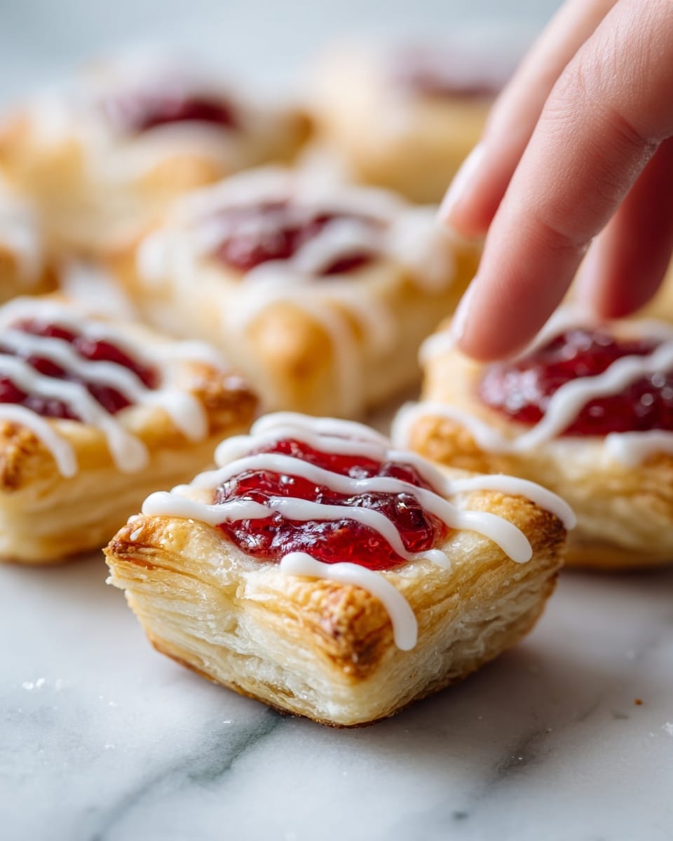 A close-up of small square pastry cups with crisp, light golden-brown edges, filled with bright red cherry or berry jam that shines and looks thick. Each pastry cup is drizzled with a white glaze that looks creamy and slightly glossy, coming down the sides in thin, uneven lines. The pastries sit on a white marbled surface, and a woman's hand is gently holding one pastry cup showing off its flaky texture. The background shows more pastry cups out of focus, giving depth and a warm feeling. photo taken with an iphone --ar 4:5 --v 7