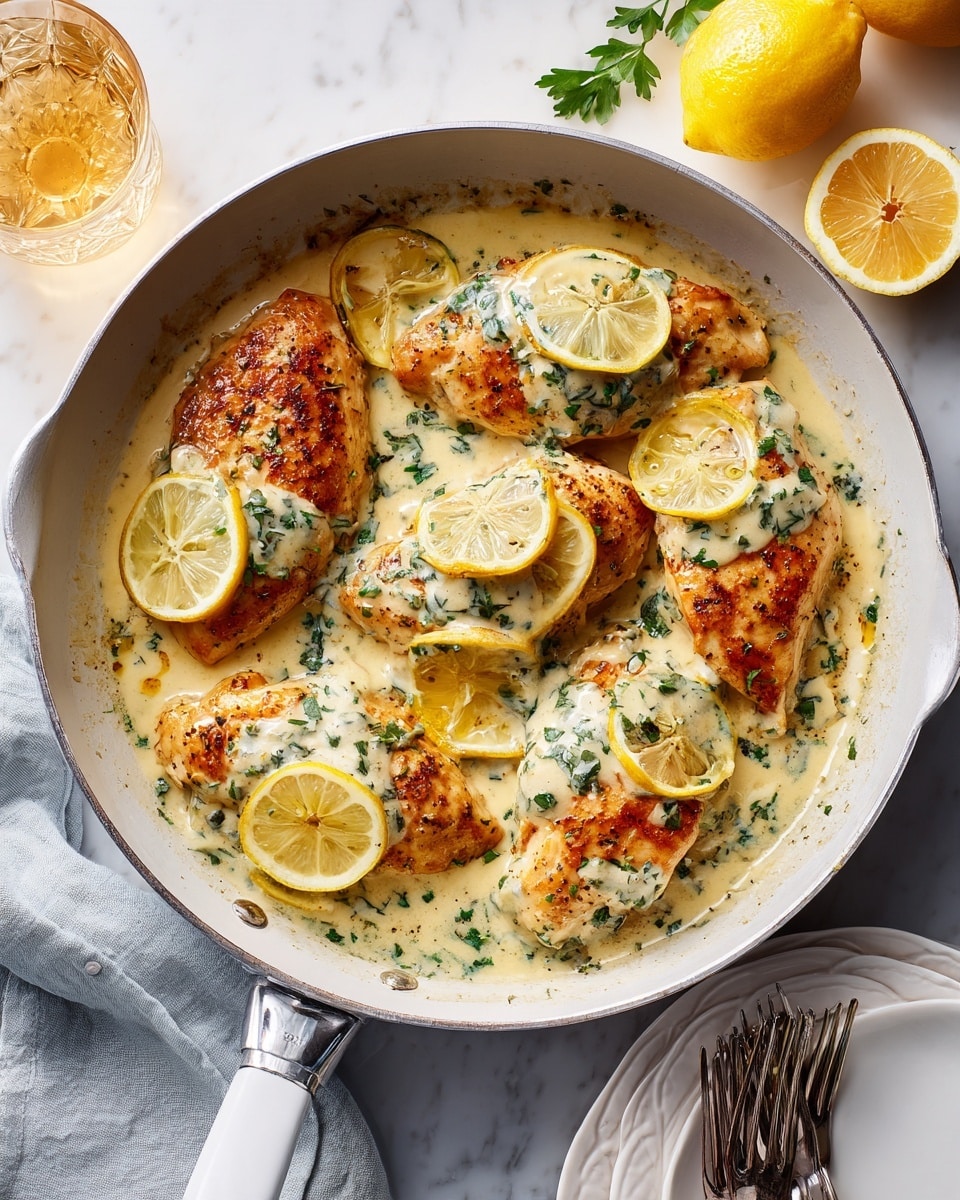 A silver pan holds five browned chicken breasts arranged close together with a creamy light yellow sauce covering most of their surface. Between the chicken pieces, there are round slices of golden-brown roasted lemons, each showing a slightly charred texture with some green herbs sprinkled on top. Outside the pan, on a white marbled surface, are two halves of bright yellow lemons with green leafy herbs around them. Nearby, there is a white plate with a set of silver forks and a knife placed on it. A glass with light amber drink is visible at the bottom left corner. photo taken with an iphone --ar 4:5 --v 7