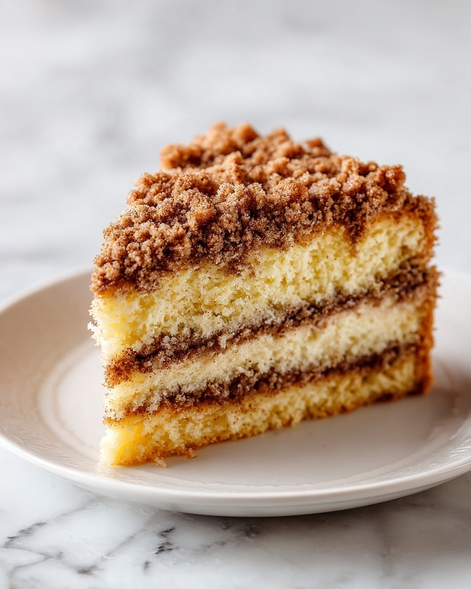 A single slice of crumb cake is placed on a white plate, set on a white marbled surface. The cake has two light golden yellow sponge layers separated by a thin, darker cinnamon filling. On top, there is a thick layer of coarse, crumbly, golden brown streusel with a slightly uneven texture. The edges of the crumbs are rough and crisp, giving a textured contrast to the smooth cake layers beneath. Photo taken with an iphone --ar 4:5 --v 7