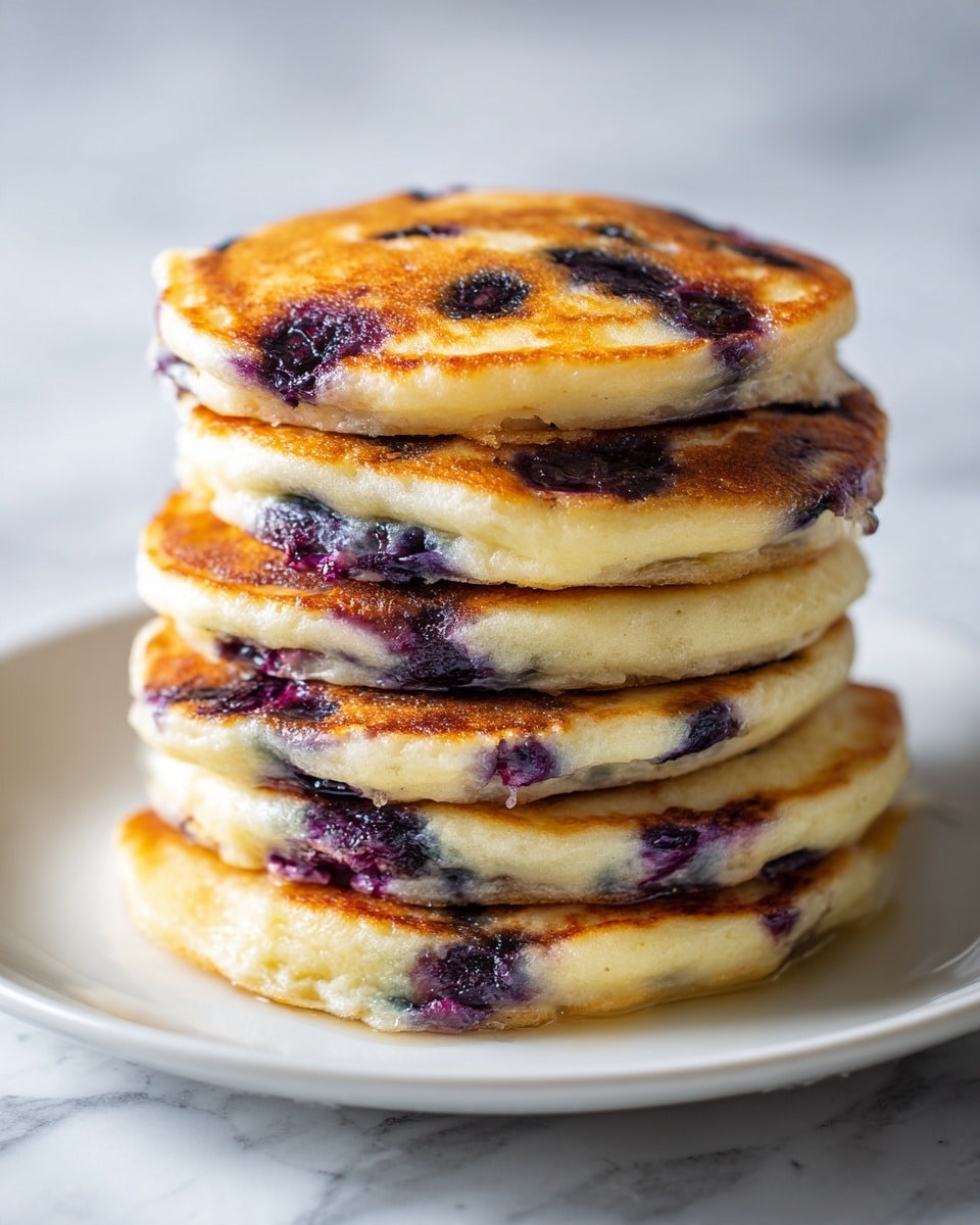 Six thick, round blueberry pancakes are stacked neatly on a white plate. Each pancake is light golden brown with soft, fluffy texture, dotted evenly with dark blueberries visible on the sides. The edges are slightly crisp, and the stack rests on a white marbled surface with a very light, blurred background. photo taken with an iphone --ar 4:5 --v 7