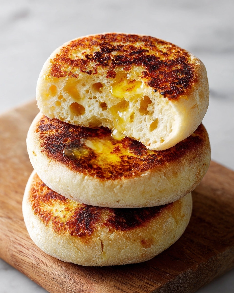 The image shows a stack of three English muffins on a wooden board with a white marbled background. The bottom two muffins are whole, with a light golden brown toasted circle on top and a pale yellow cornmeal dusting over the pale crust. The top muffin is cut in half and placed open-faced on the second muffin, revealing a soft, airy, bubbly inside texture with a pale cream color. Melted butter is seen oozing slightly from the center of the top muffin half. The overall look is warm and inviting. photo taken with an iphone --ar 4:5 --v 7