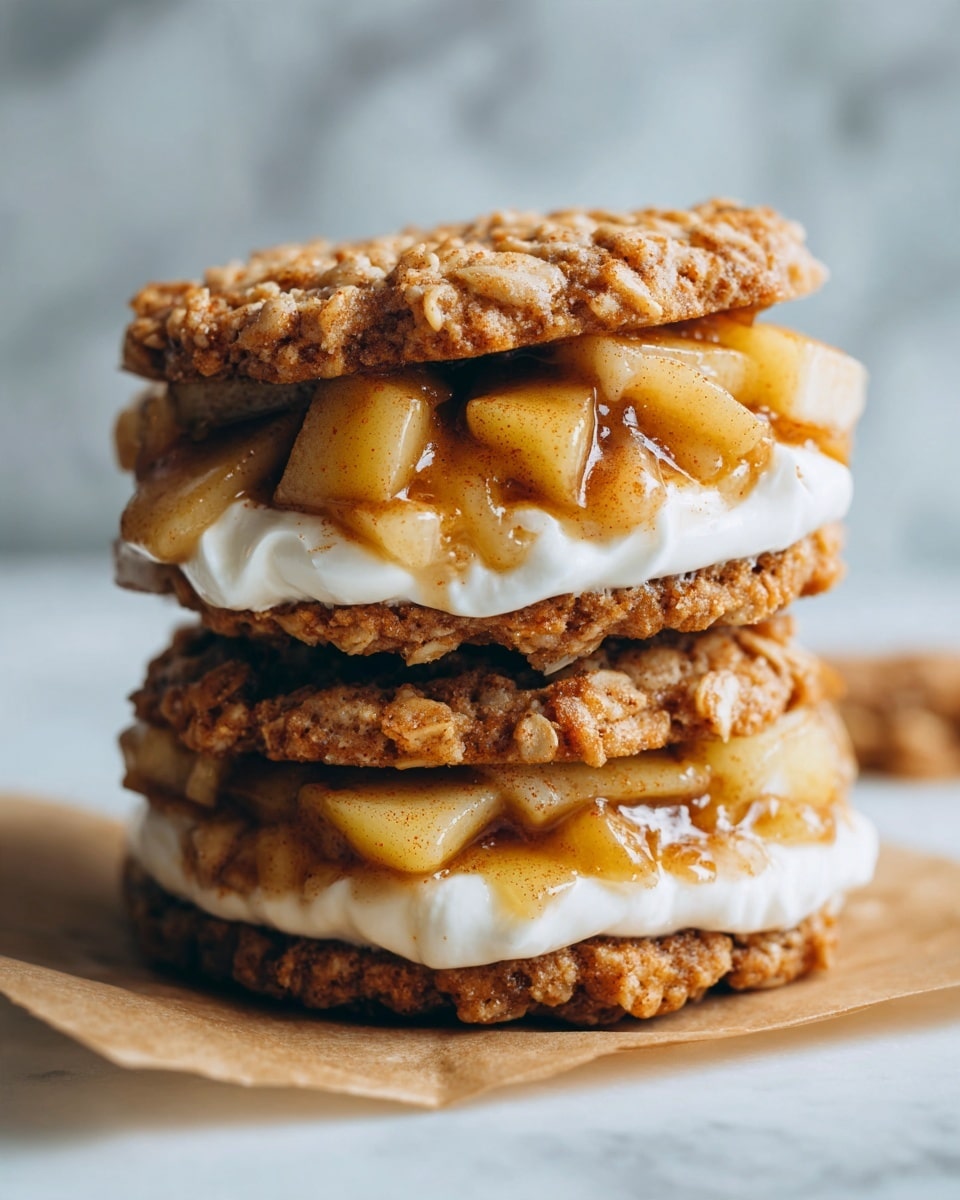 The image shows a close-up of a dessert bar with three visible layers. The top layer is a rough-textured golden-brown oat crust with small clumps giving it an uneven look. The middle layer consists of soft, cooked apple chunks in a shiny, caramel-colored sauce, visible through a small bite taken out from the bar. The bottom layer appears to be a white, fluffy cream that contrasts with the chunky oat crust on top. The dessert bar rests on a white marbled surface with warm, neutral brown background out of focus. Photo taken with an iphone --ar 4:5 --v 7