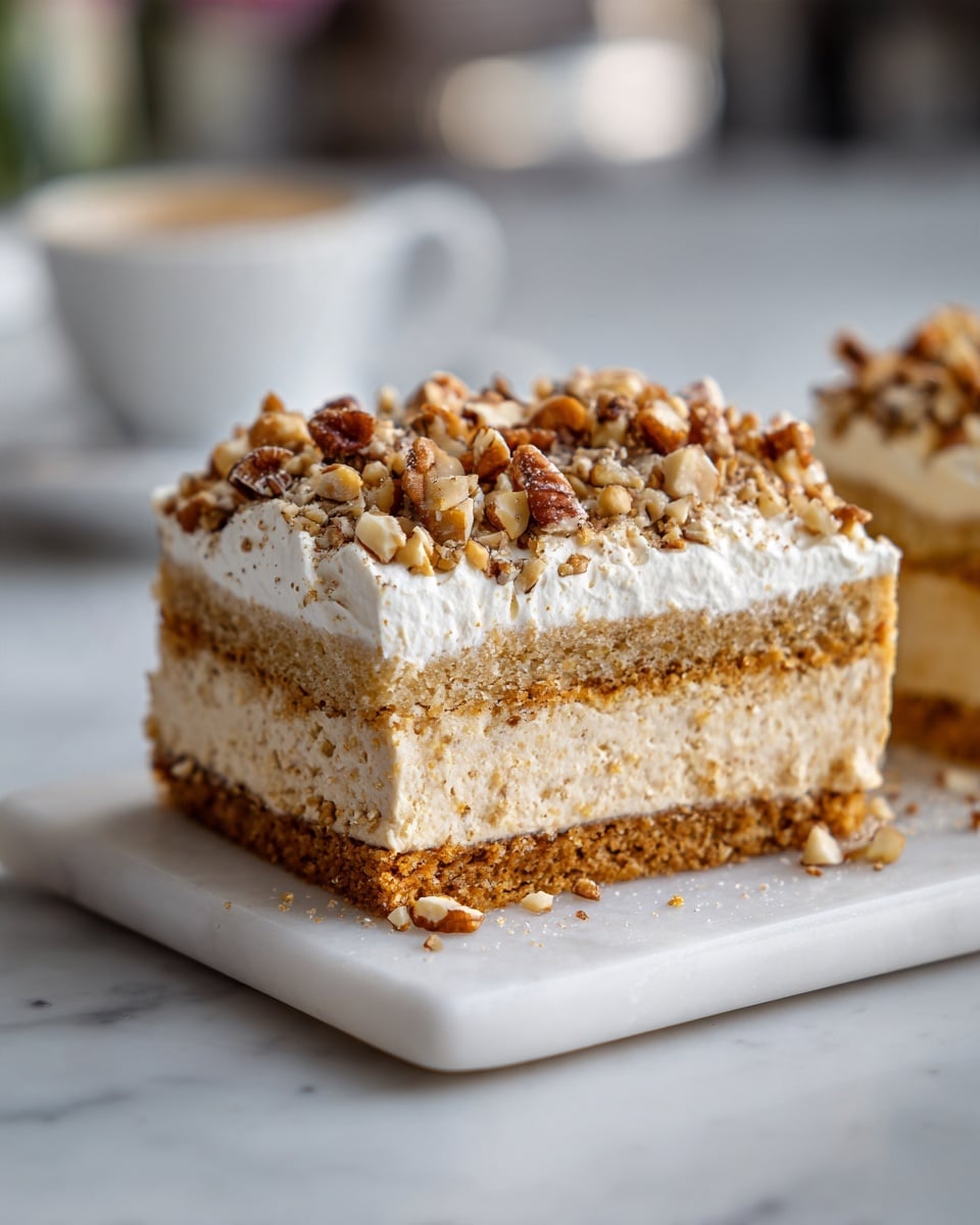 A dessert with two thick layers of moist cake in light tan color, separated by a thin layer of finely chopped nuts and cream. On top of the second cake layer, there is a thick, smooth layer of white cream spread evenly but with soft peaks. The cream layer is covered with a generous amount of roughly chopped mixed nuts, including pecans and possibly walnuts, giving a crunchy texture and brown tones. The dessert rests on a rectangular white tray on a white marbled surface blurred in the background, and a woman's hand is partly visible on the side. Photo taken with an iphone --ar 4:5 --v 7