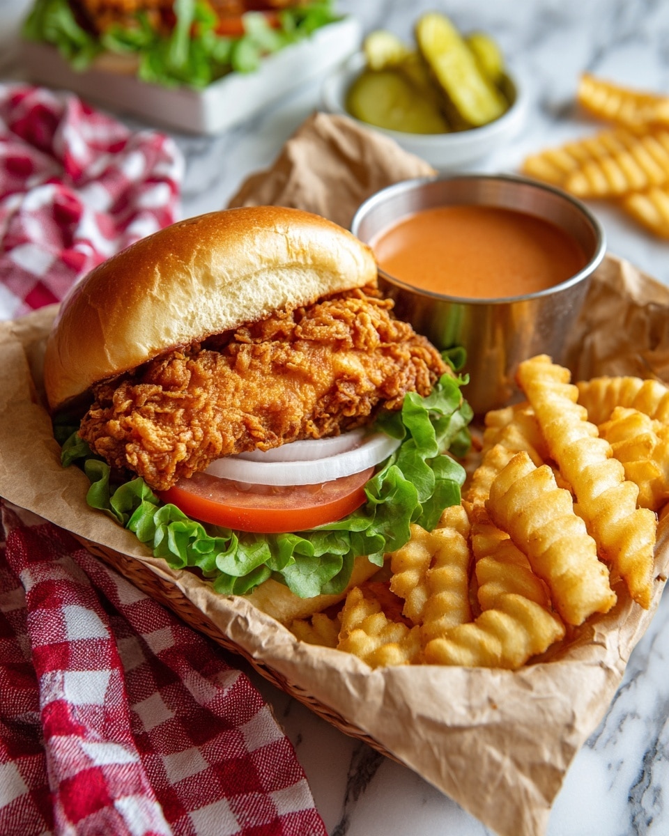 The image shows a fried chicken sandwich in a small basket lined with brown paper, placed on a white marbled surface. The sandwich has a golden-brown, crispy fried chicken piece on top with a rough textured crust. Inside the sandwich, there is a green lettuce leaf, a slice of red tomato, and a few round slices of white onion. Underneath and around the sandwich are crinkle-cut fries with a golden color. A small metal cup filled with a reddish-orange dipping sauce is placed next to the sandwich inside the basket. On the side, there are some loose fries, a few slices of pickles in a small white bowl, and a piece of lettuce. A red and white checkered cloth is draped beside the basket. Photo taken with an iphone --ar 4:5 --v 7